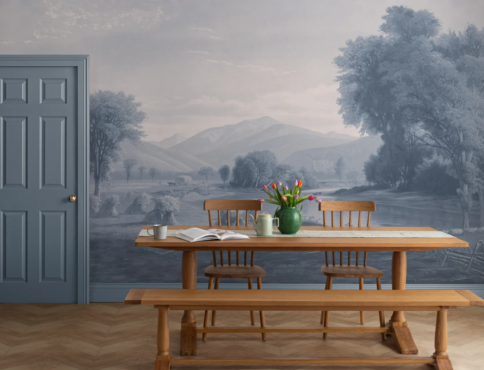 Blue American Landscape Painting Mural