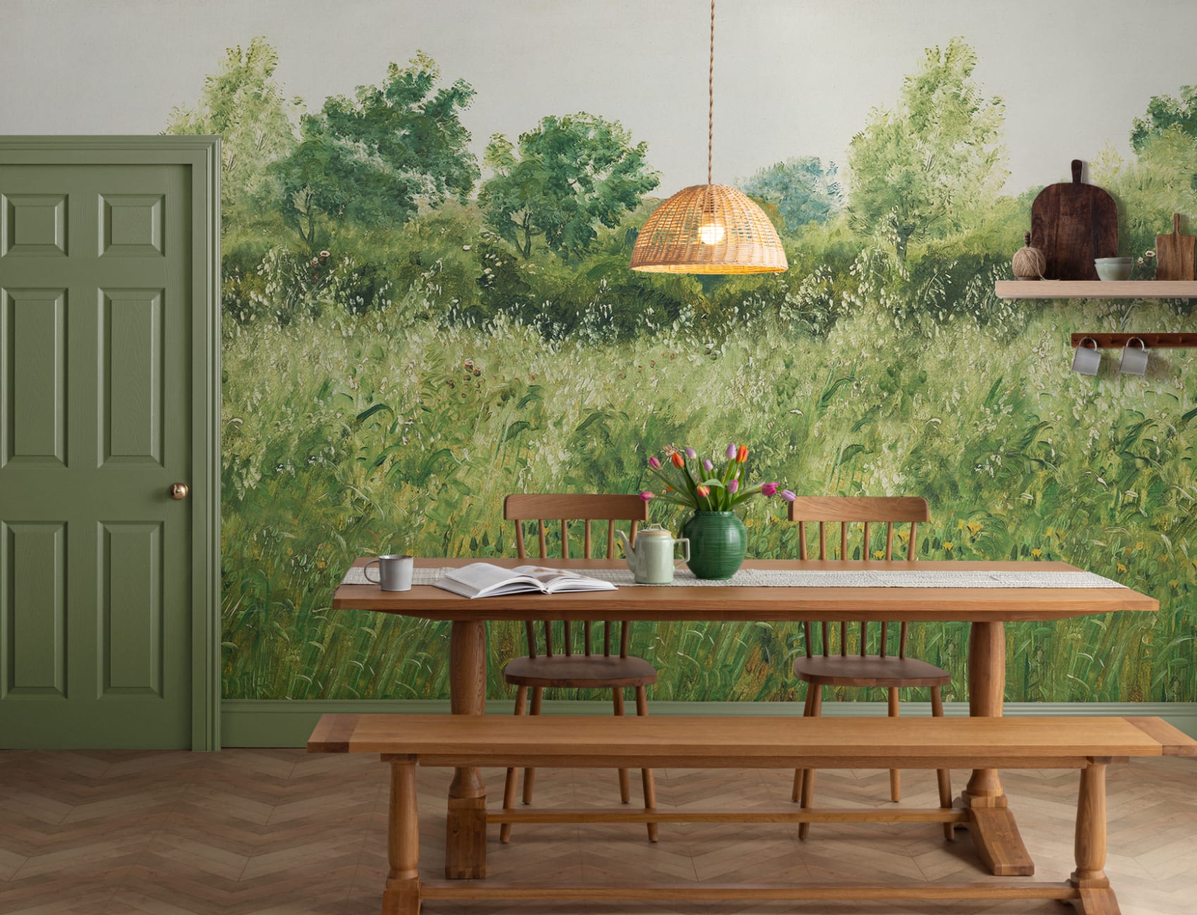 Green Summer Meadow Oil Painting Mural