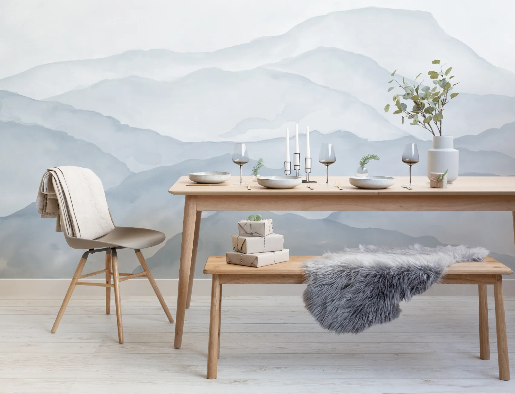 Light Blue Watercolor Mountains Mural