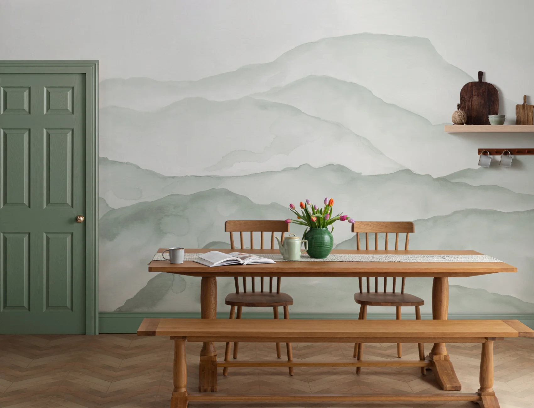 Light Green Watercolor Mountains Mural