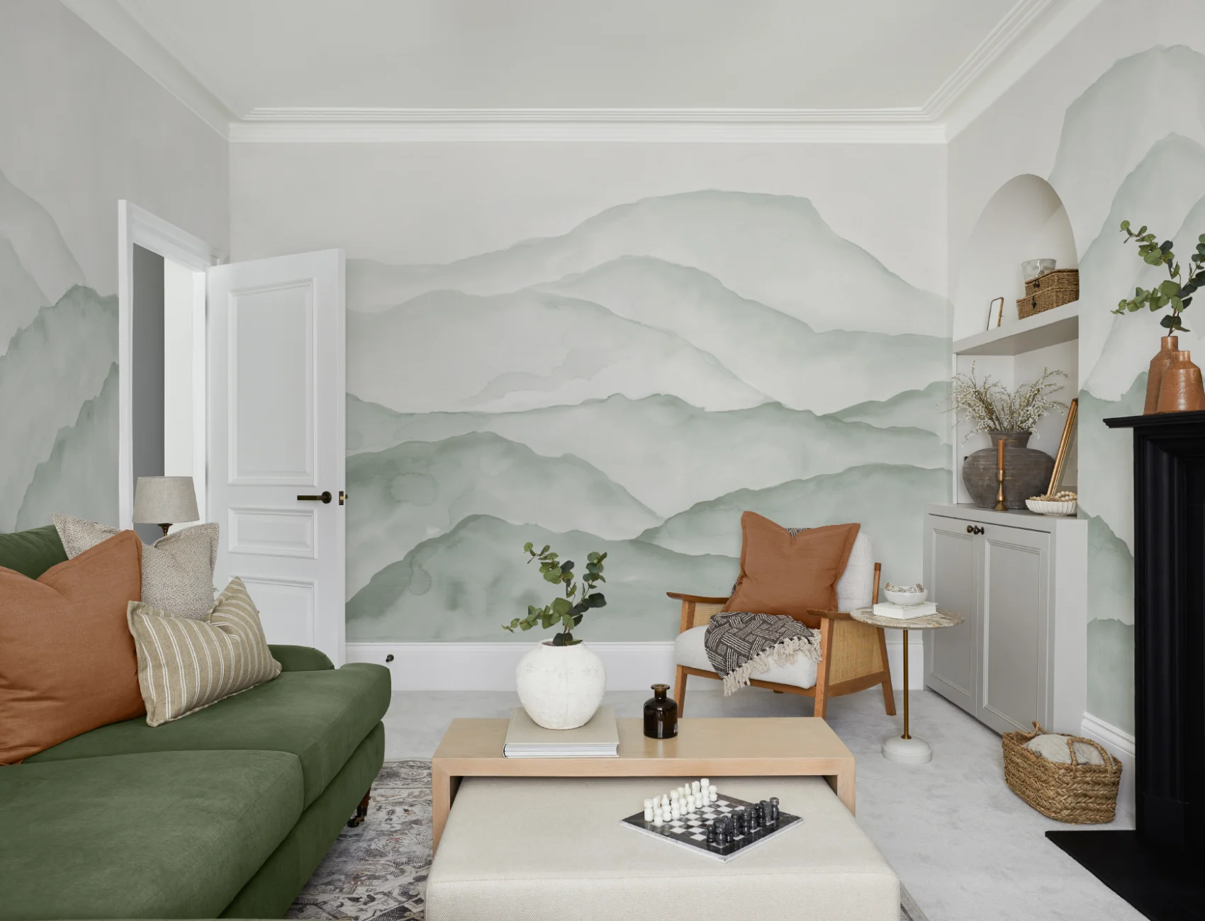 Light Green Watercolor Mountains Mural
