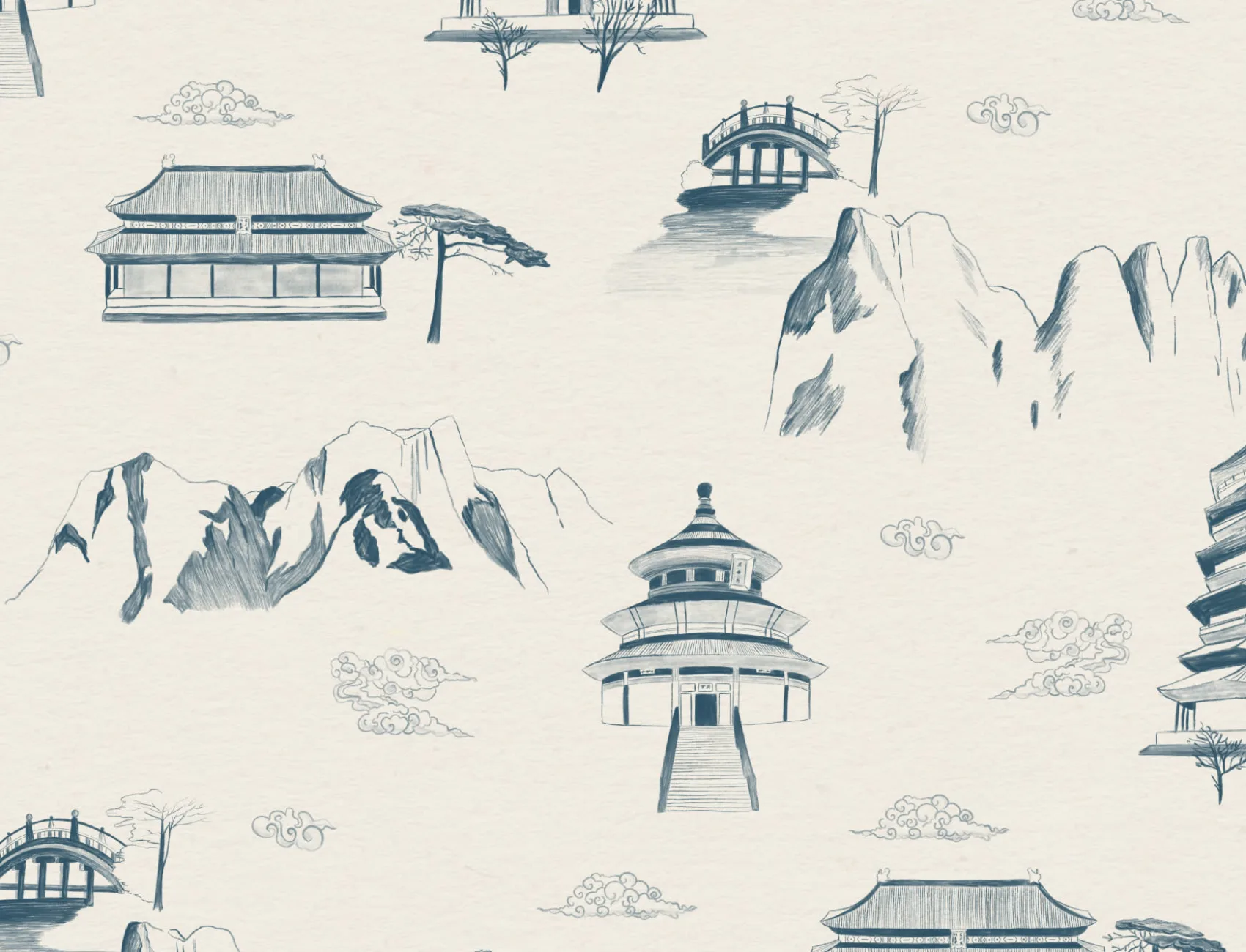Ancient Chinese Blue Illustrations Pattern Wallpaper Mural