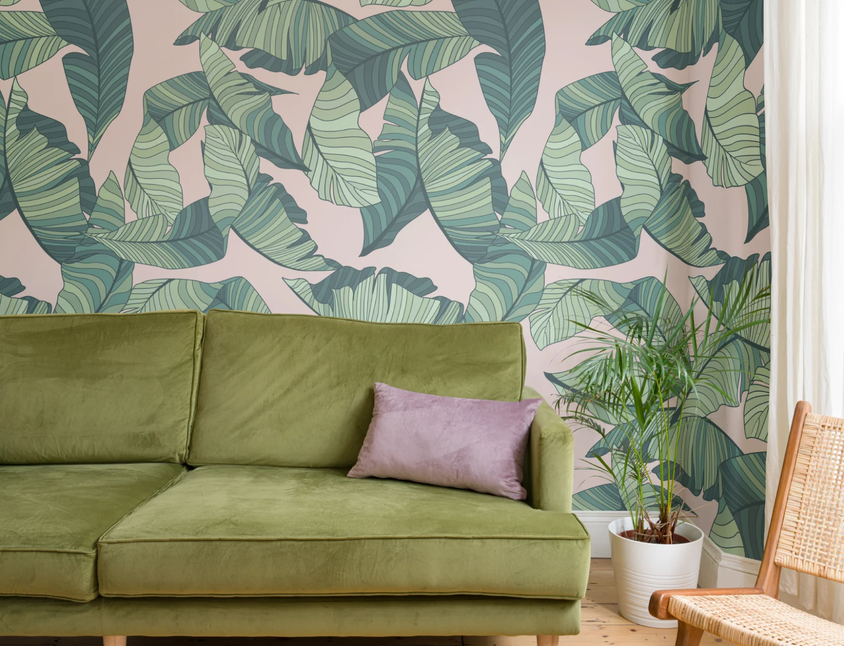 Pink & Green Tropical Leaf Wallpaper Mural