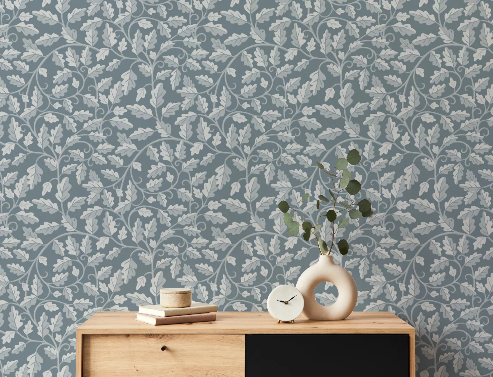 Blue Oak Leaf Botanical Pattern Mural for Serene Spaces
