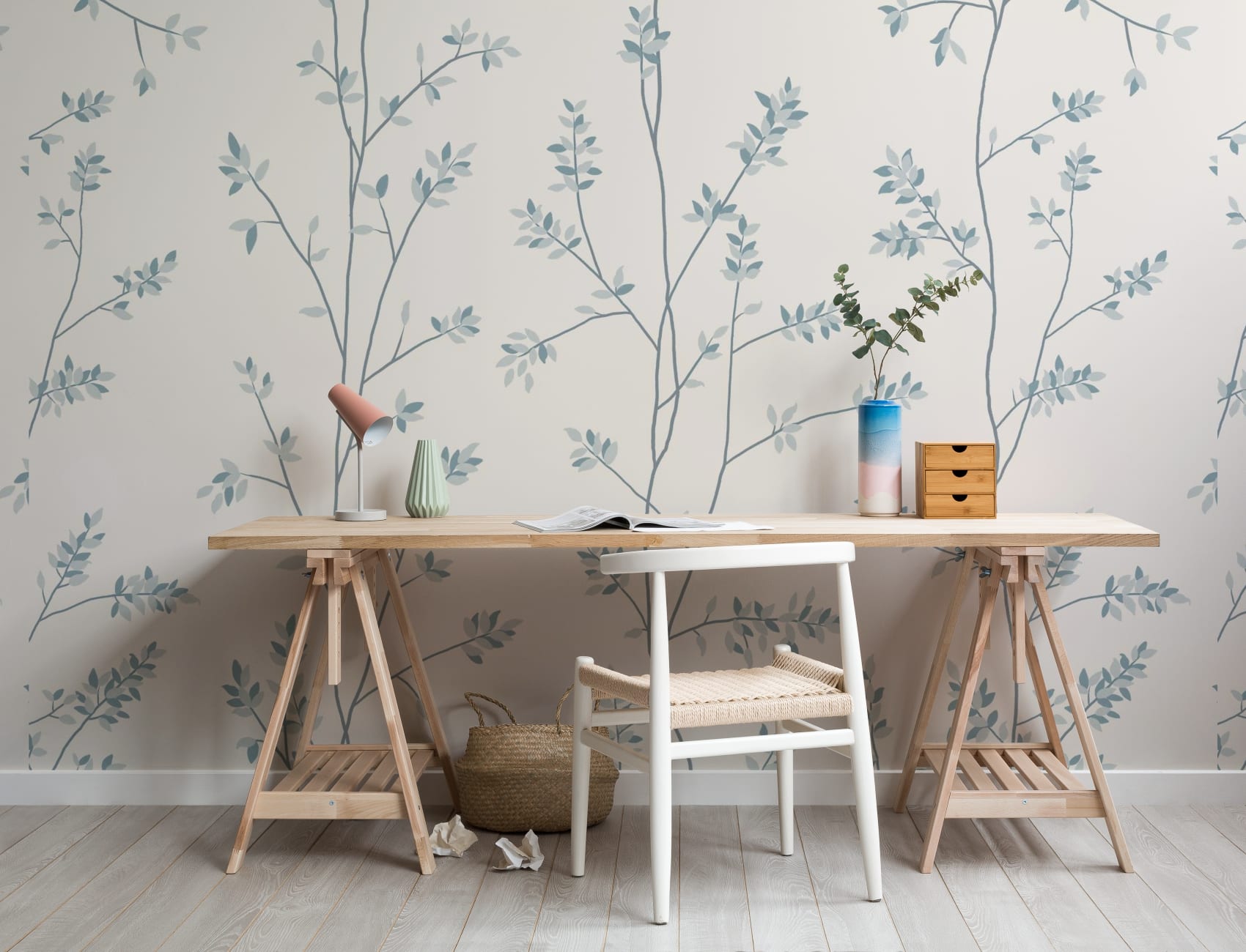 Blue Elegant Botanical Leaf Pattern Mural