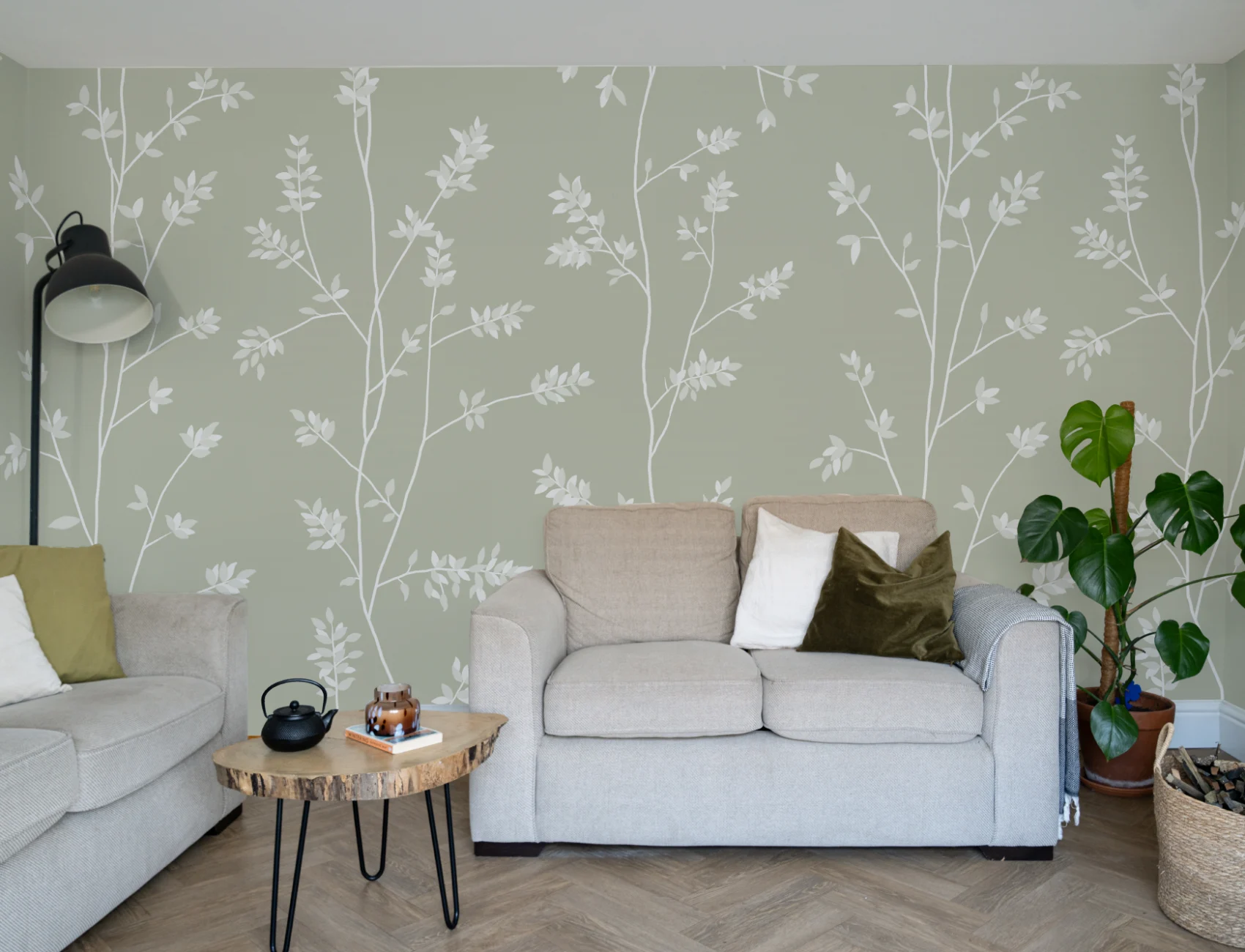 Groen botanisch sereniteitsbehang voor rustgevende ruimtes