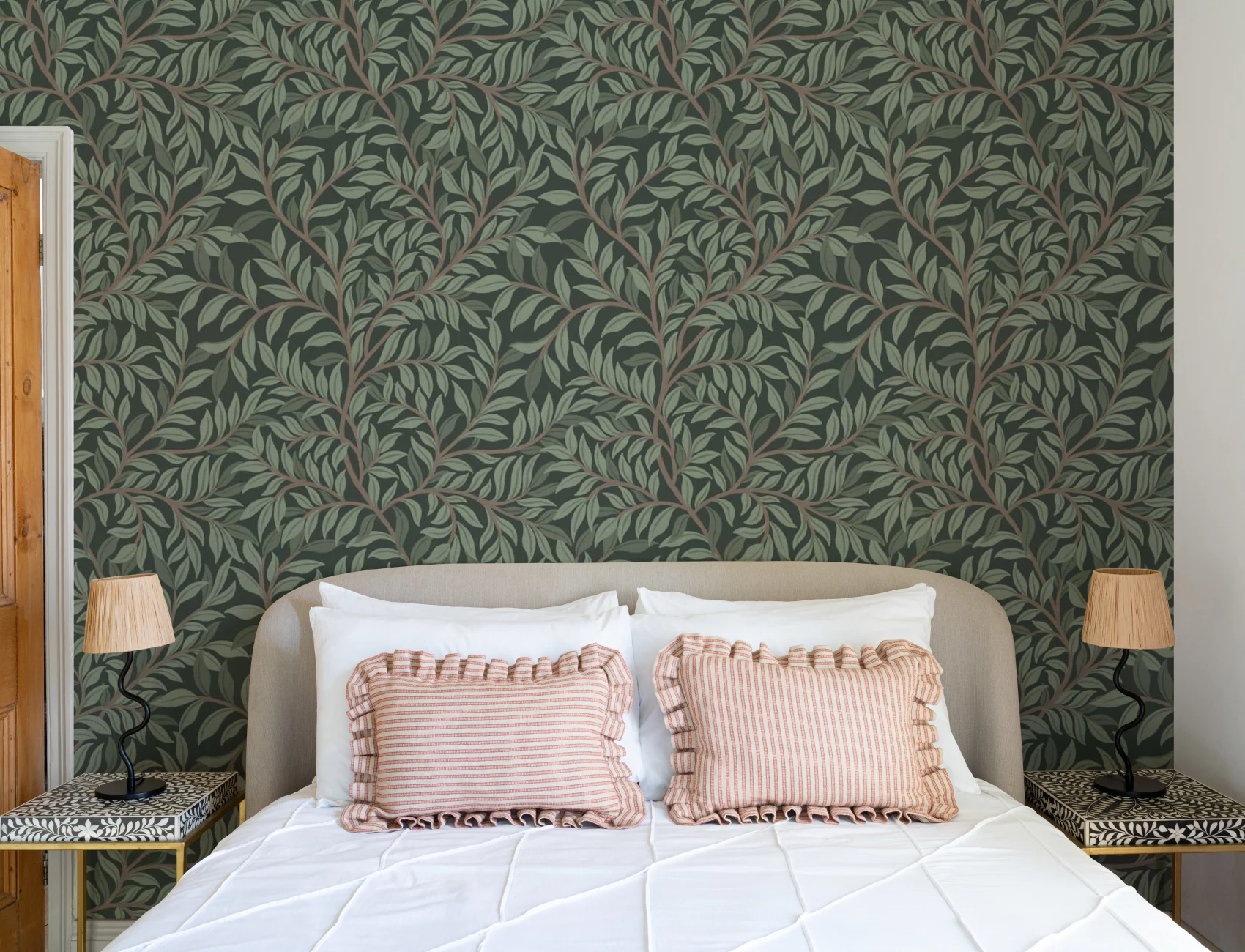 Green Botanical Pattern Mural For A Serene Atmosphere