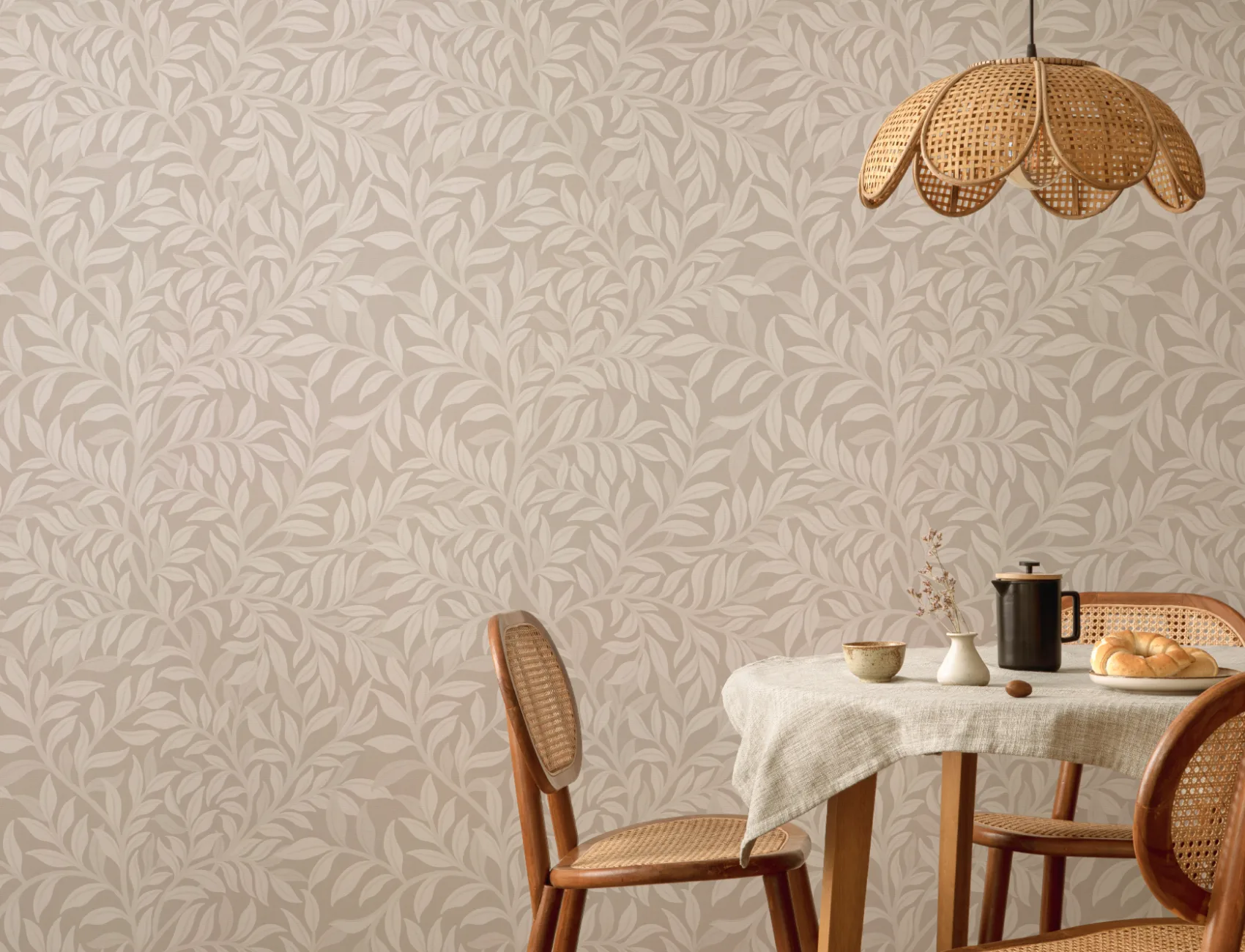 Beige botanisch bladpatroon muurschildering