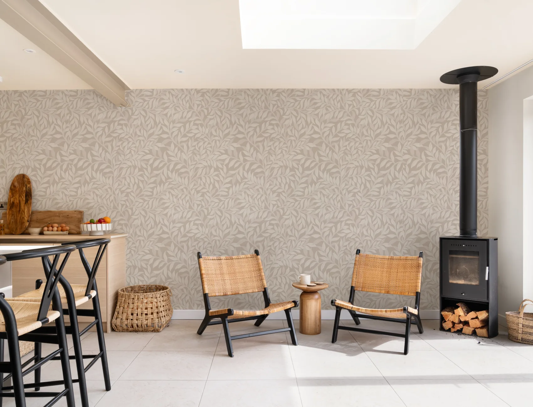 Beige botanisch bladpatroon muurschildering