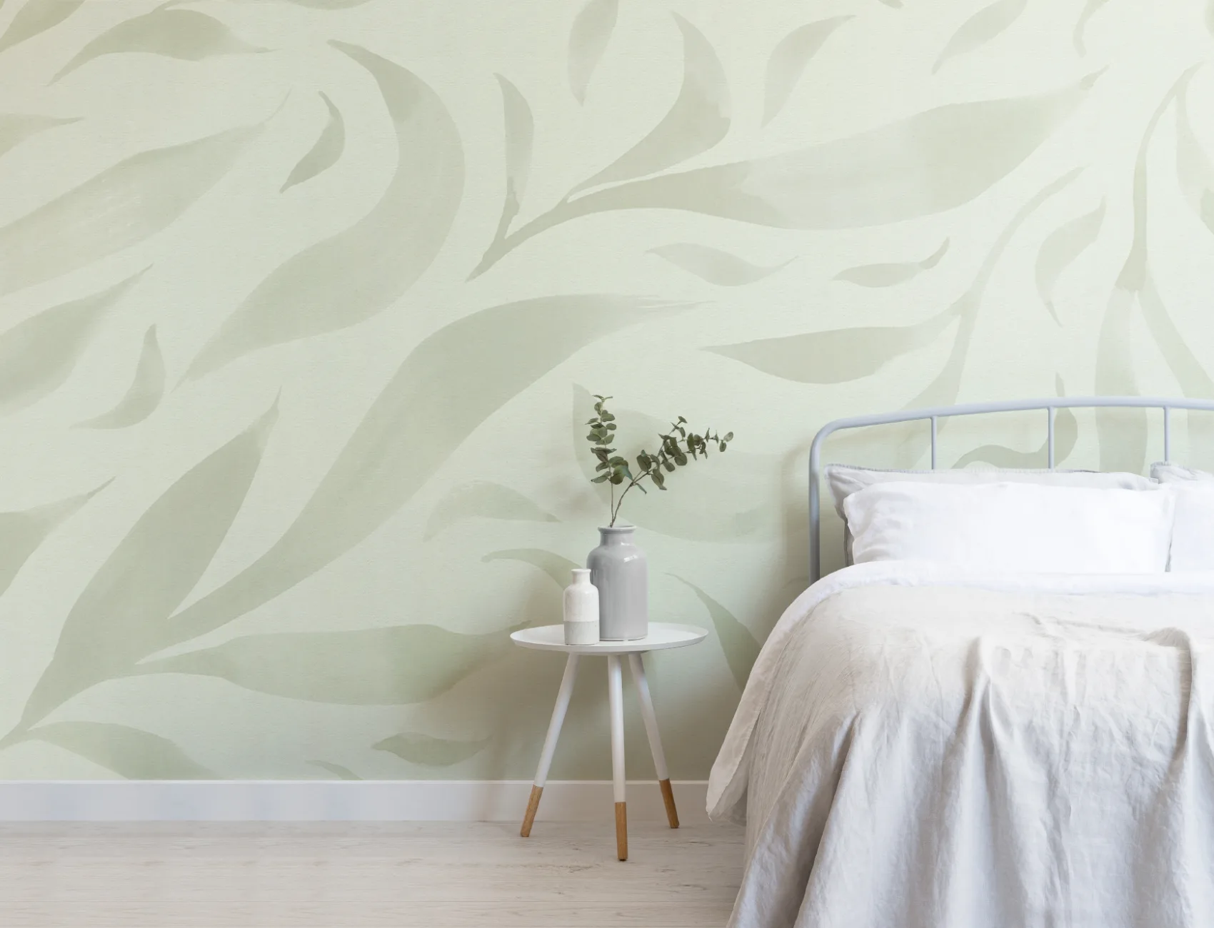 Green Watercolor Floating Leaves Mural