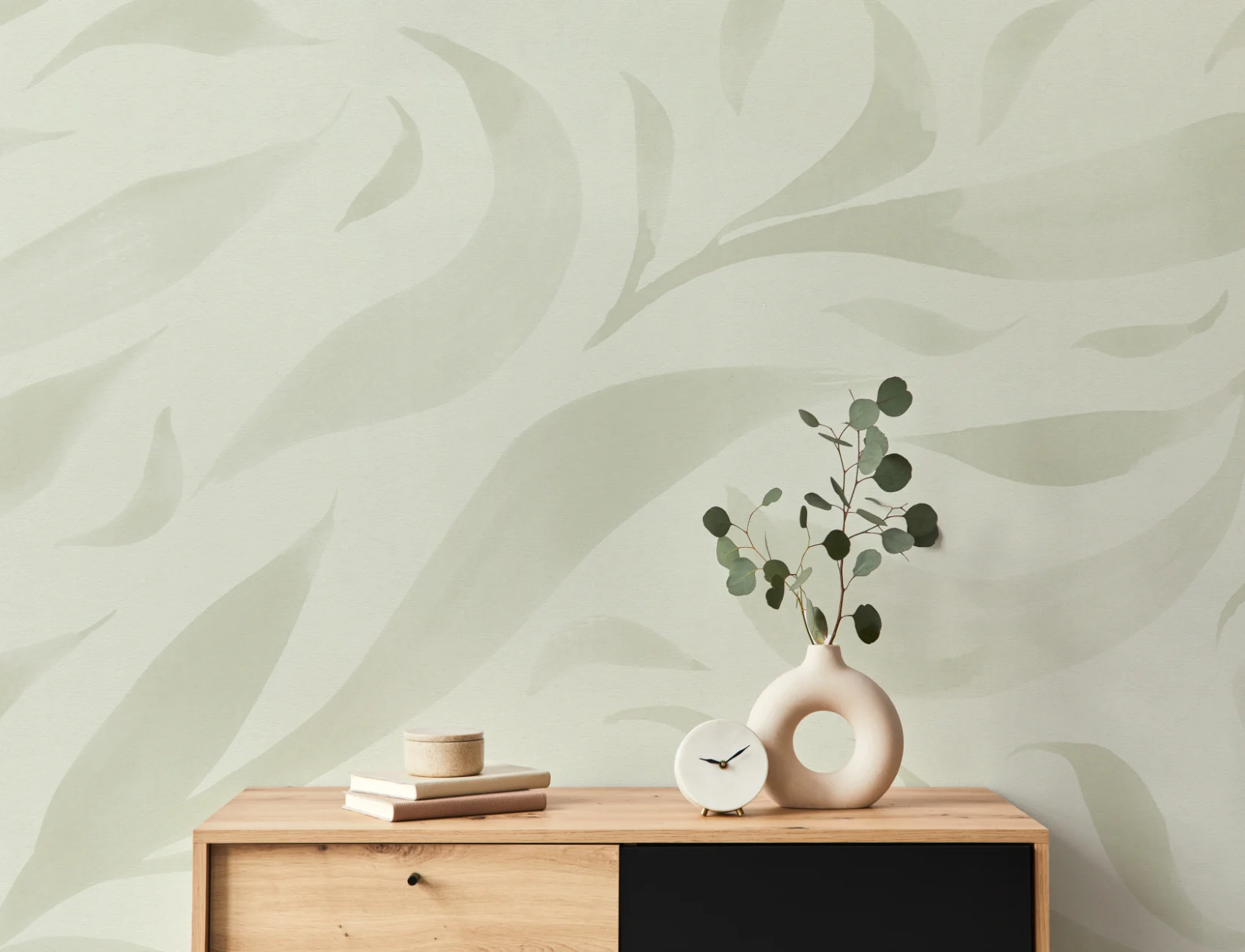 Green Watercolor Floating Leaves Mural