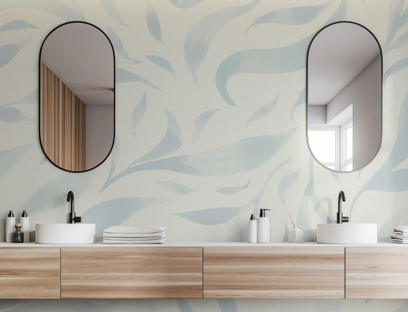 Blue Watercolor Floating Leaves Mural