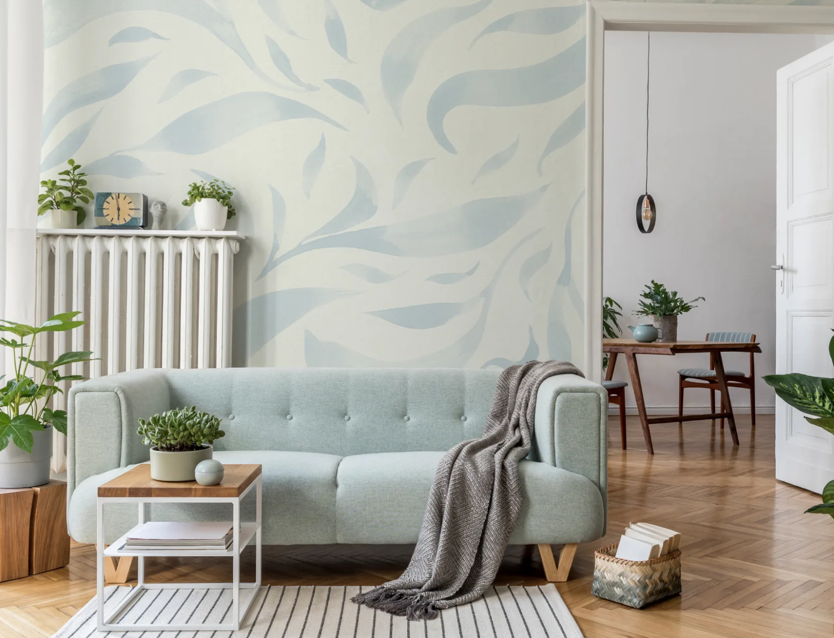 Blue Watercolor Floating Leaves Mural