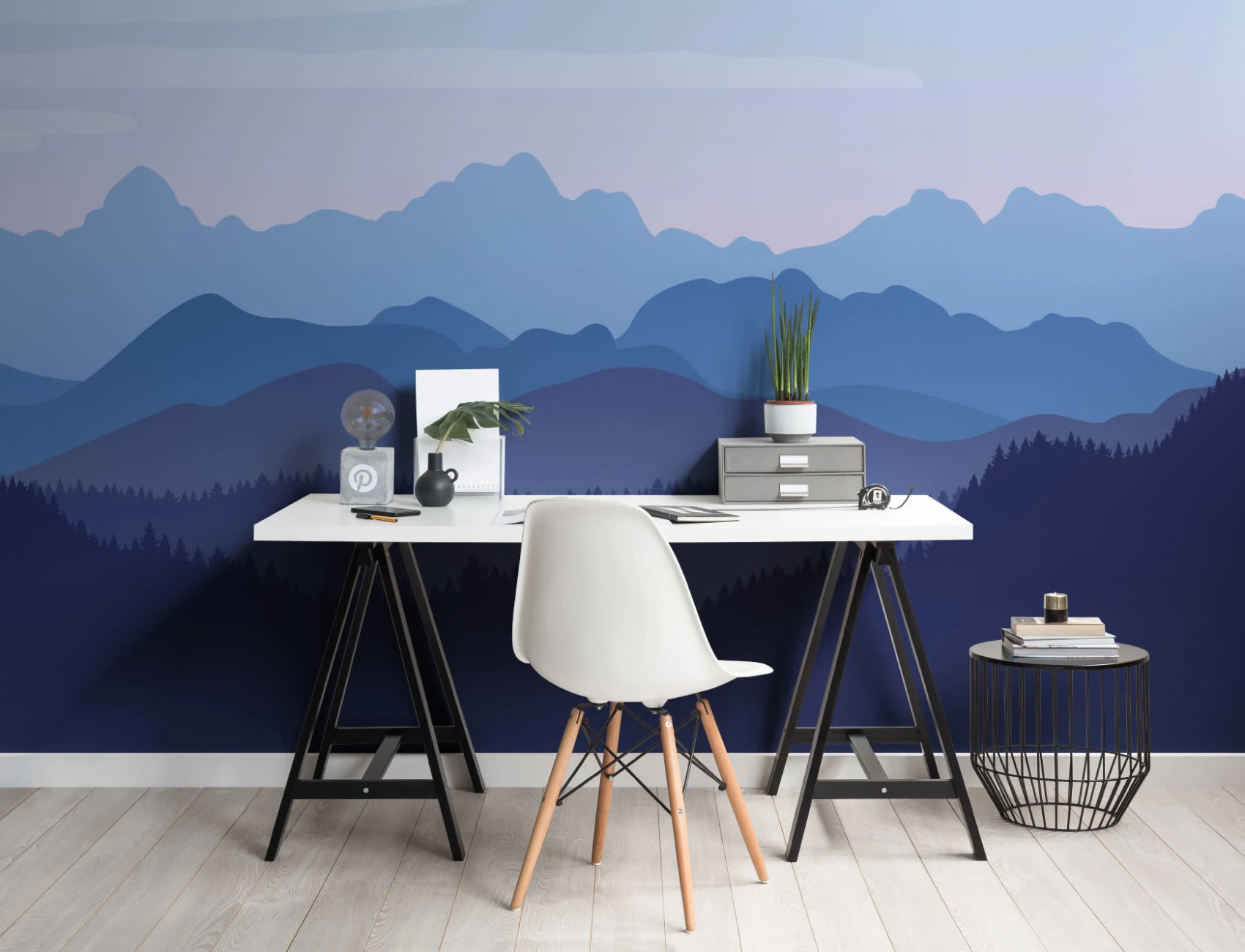 Blue Illustrated Landscape Mountains Wallpaper Mural