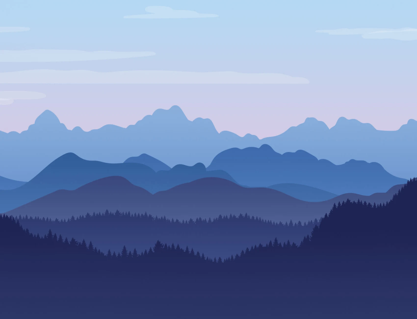 Blue Illustrated Landscape Mountains Wallpaper Mural