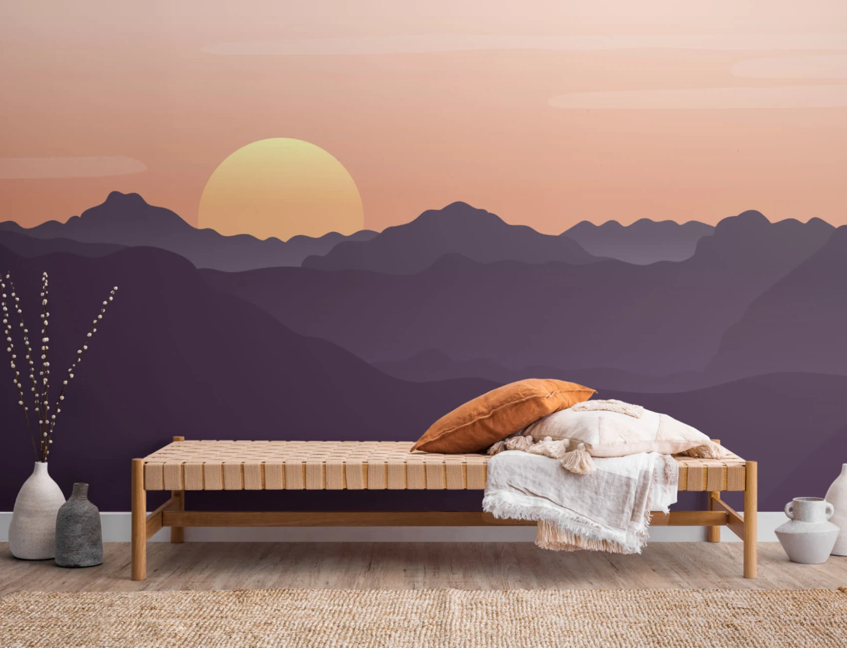 Red Illustrated Landscape Sunset Wallpaper Mural