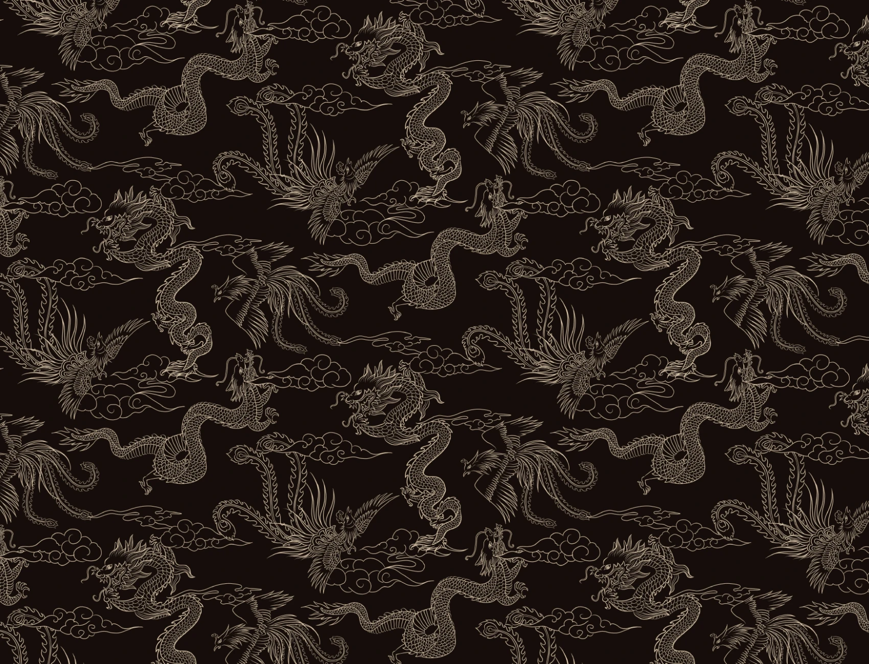 Dark Chinese Dragon and Phoenix Outline Wallpaper