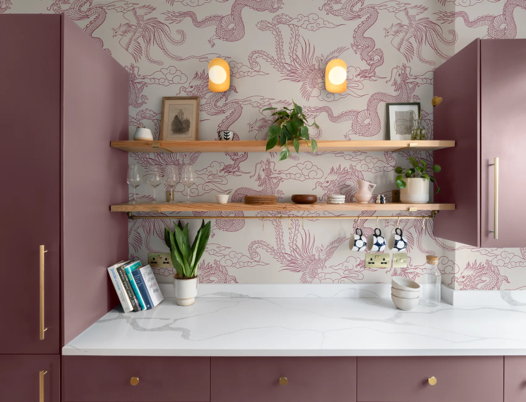 Papel de parede do contorno do dragão chinês e da fénix Raspberry