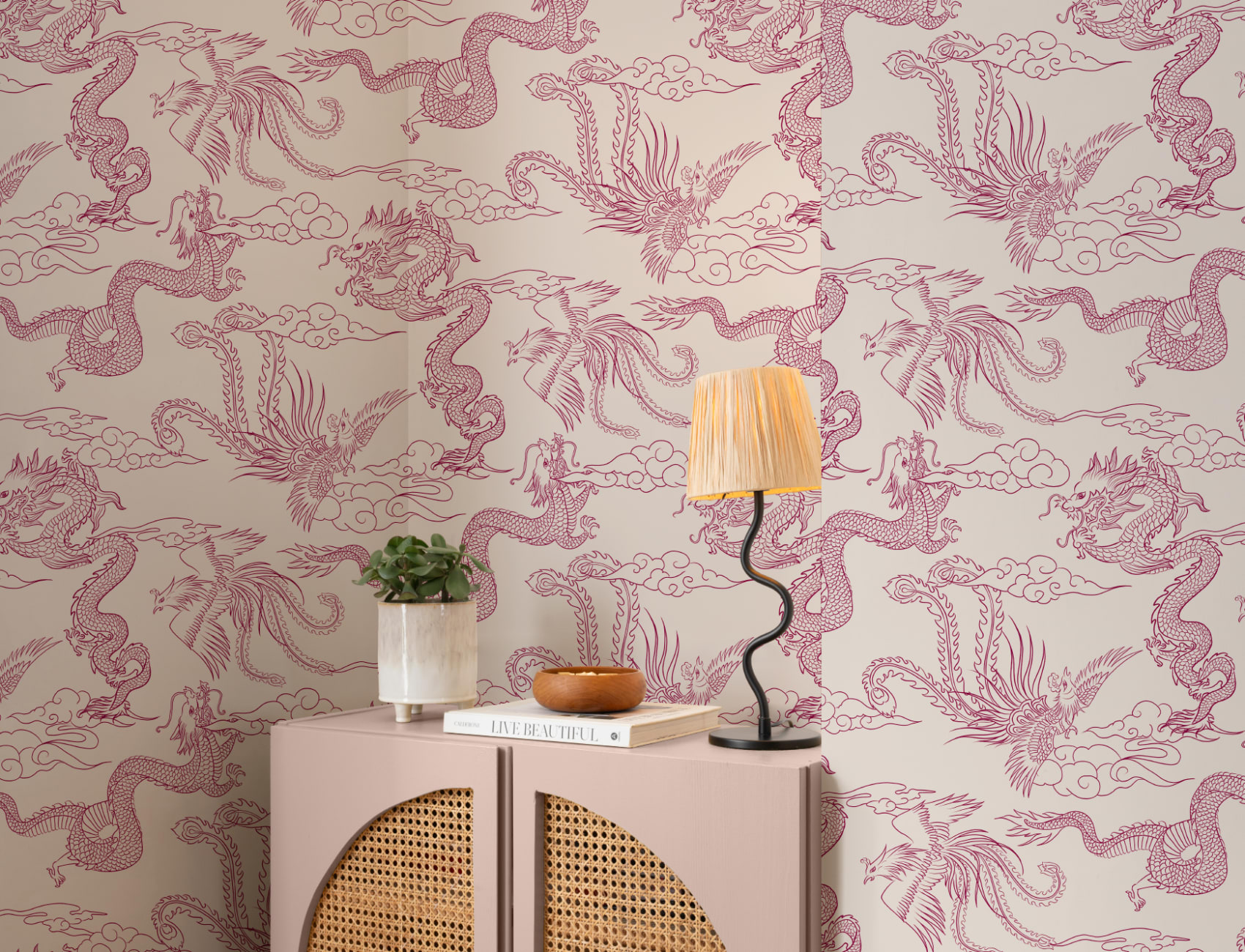 Papel de parede do contorno do dragão chinês e da fénix Raspberry