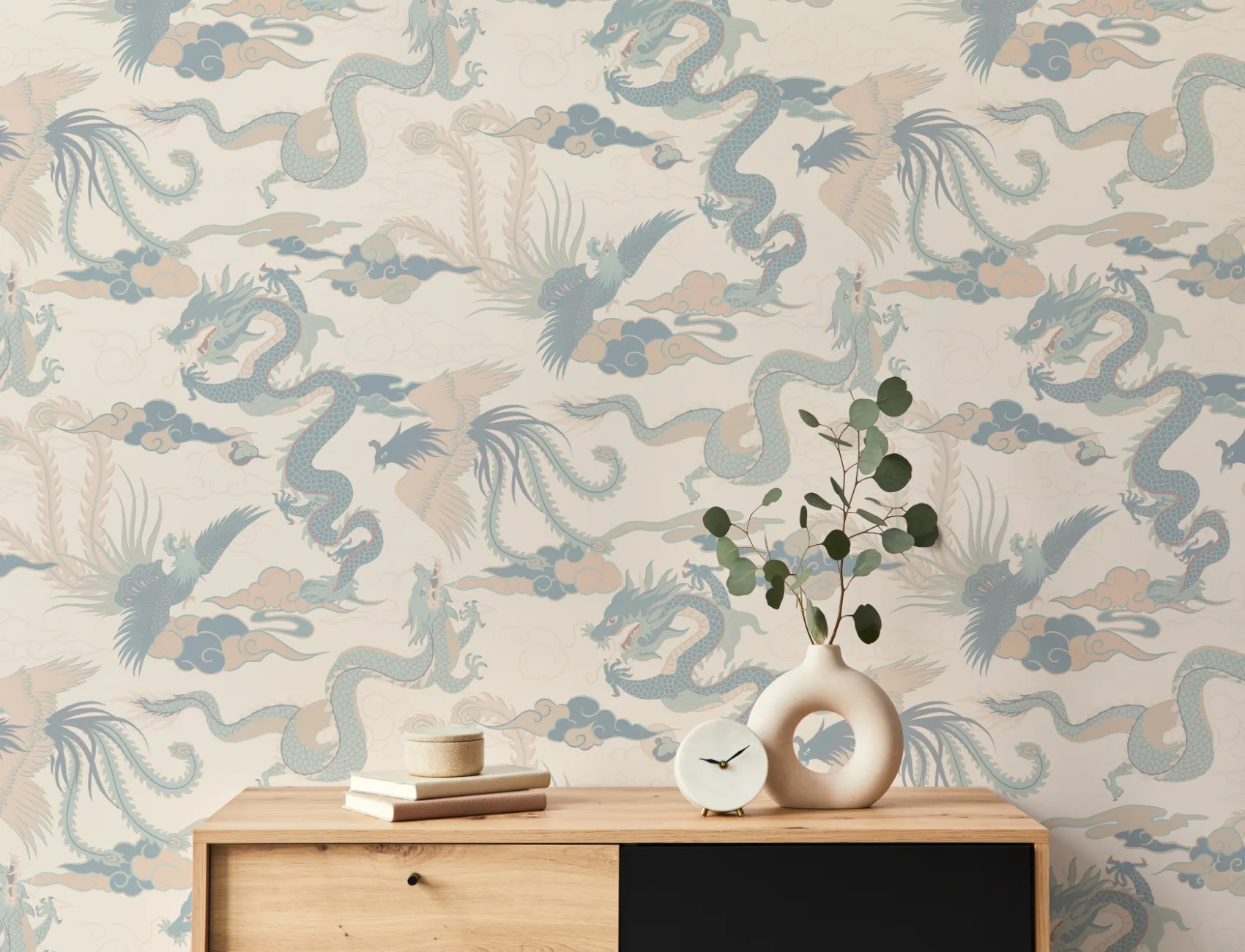 Papel de parede do Dragão Chinês Azul e da Fénix