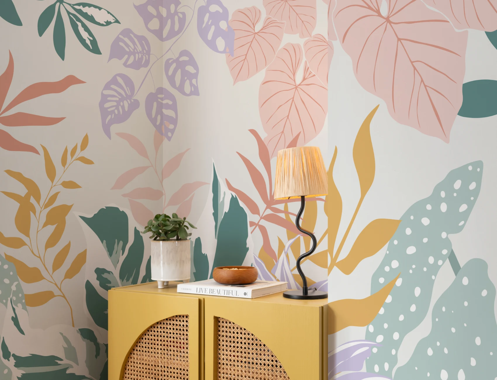 Pastel Kleurrijke Moderne Botanische Planten Behang Muurschildering