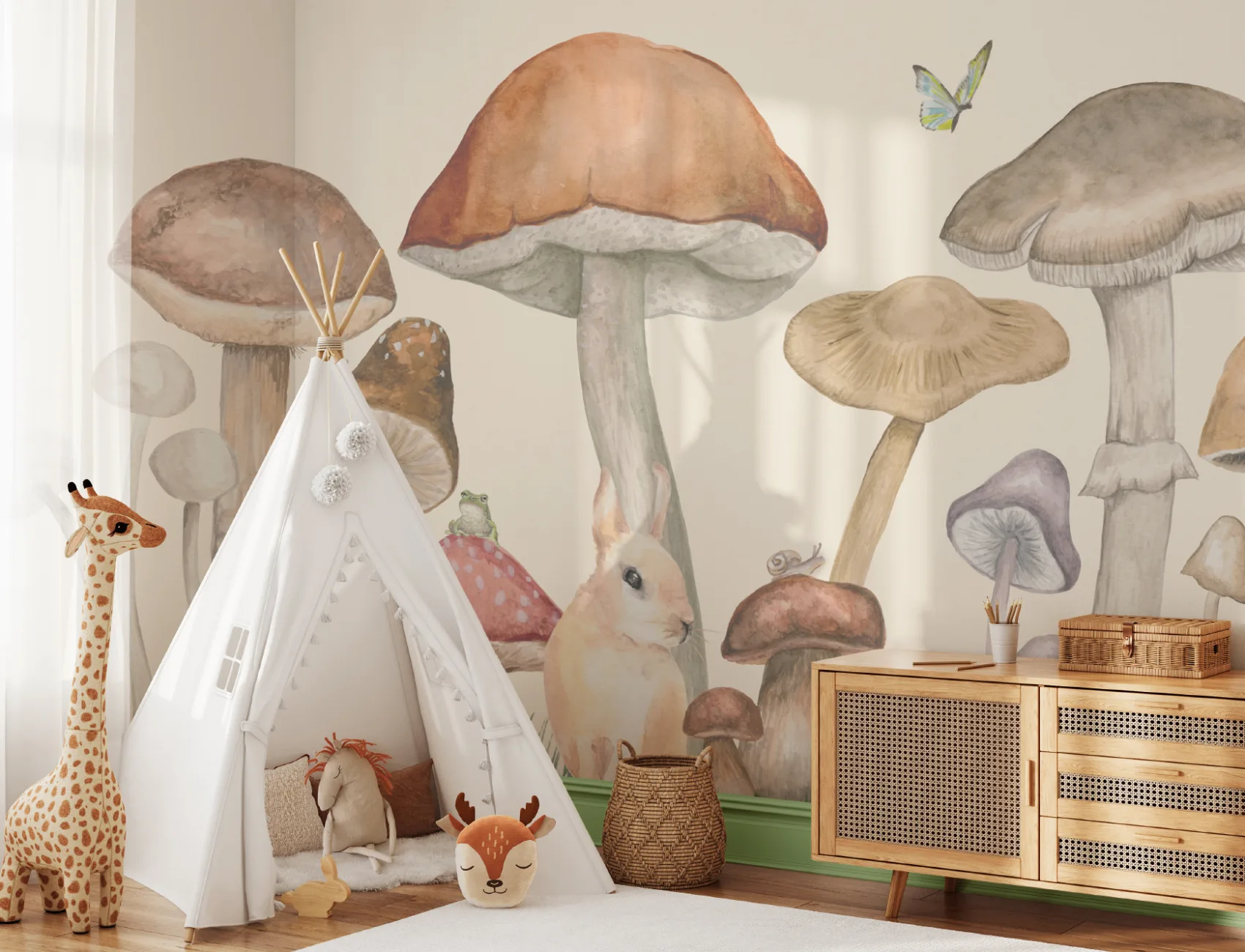 Papel Pintado Setas y Animales del Bosque en Beige