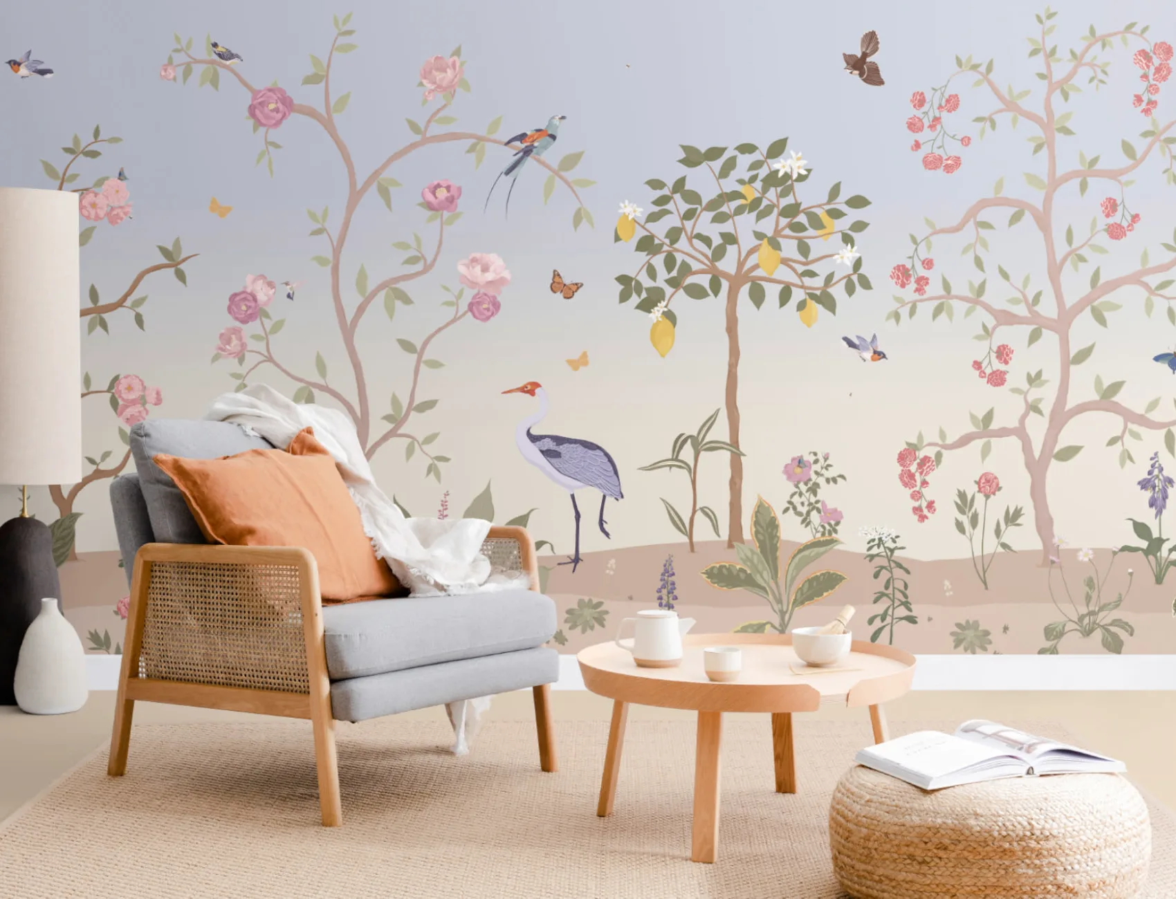 Sininen Chinoiserie Floral kevät puutarha seinäseinämaalaus