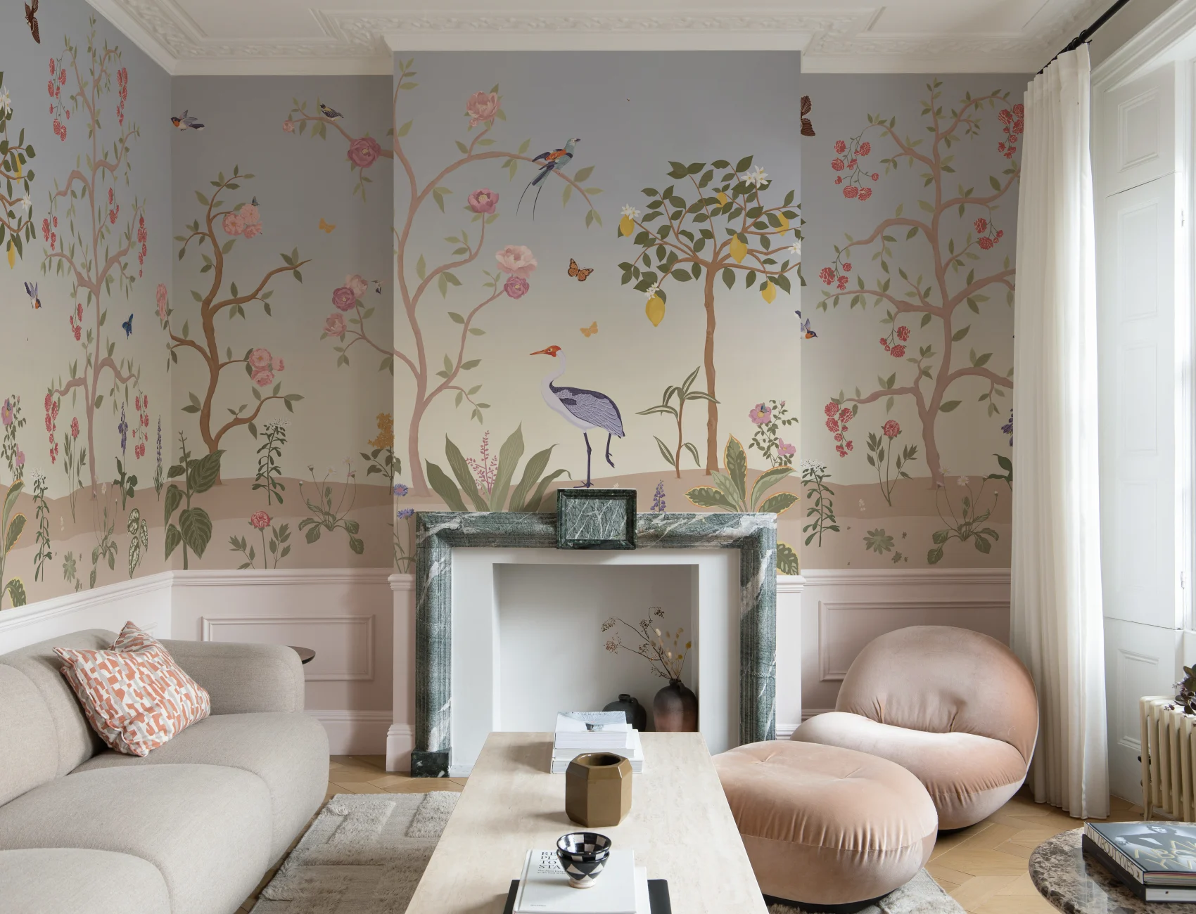 Sininen Chinoiserie Floral kevät puutarha seinäseinämaalaus
