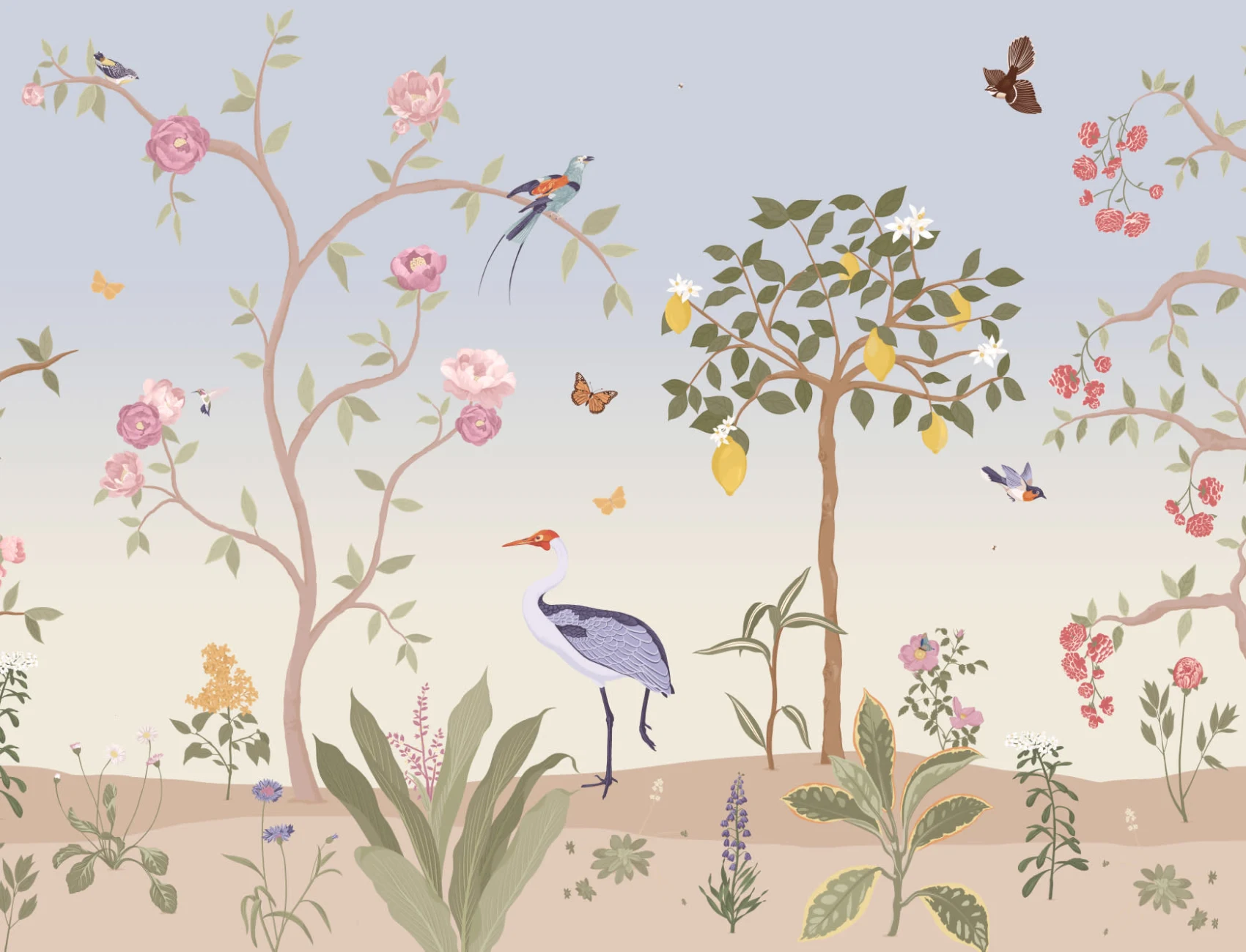 Sininen Chinoiserie Floral kevät puutarha seinäseinämaalaus