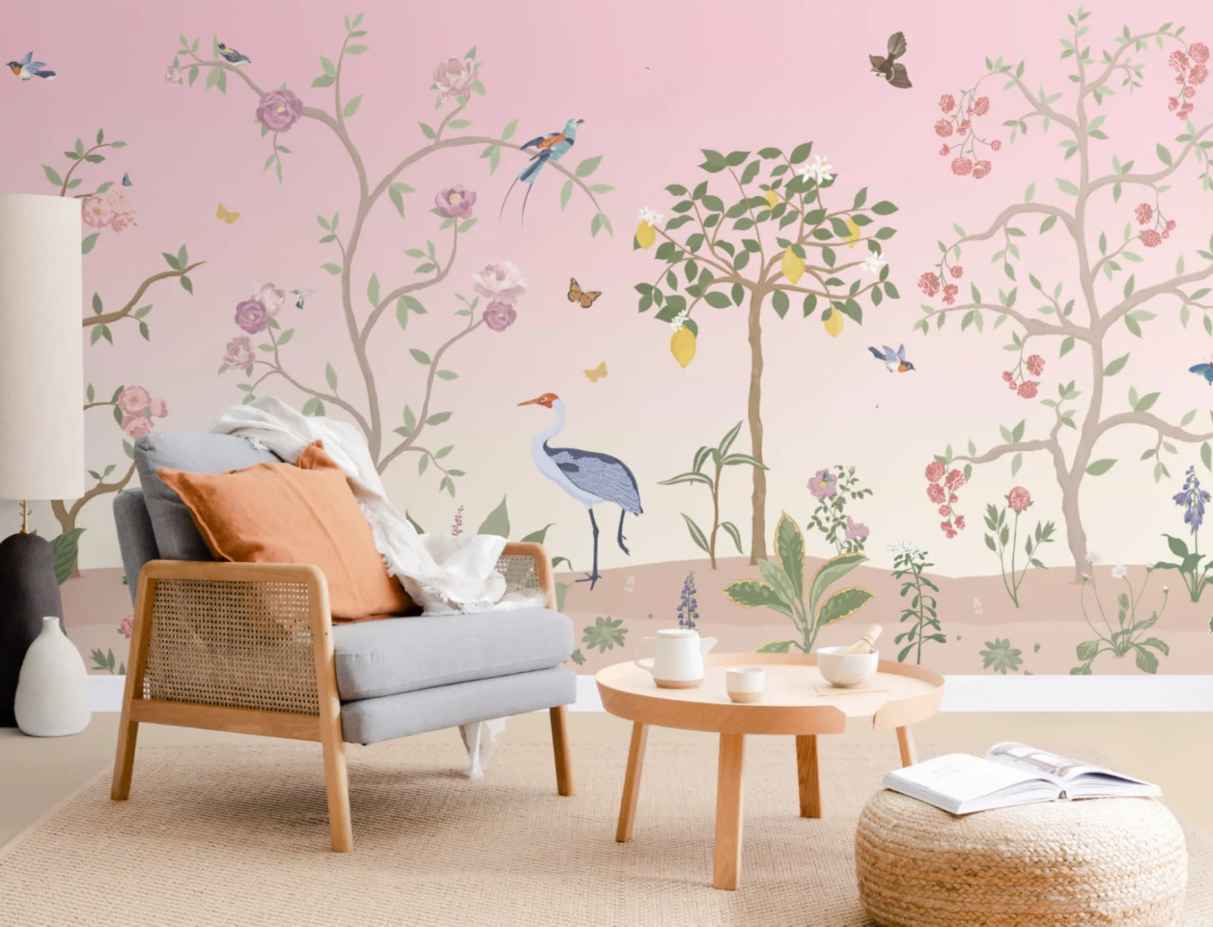 Pink Chinoiserie Floral Spring Garden Wall Mural