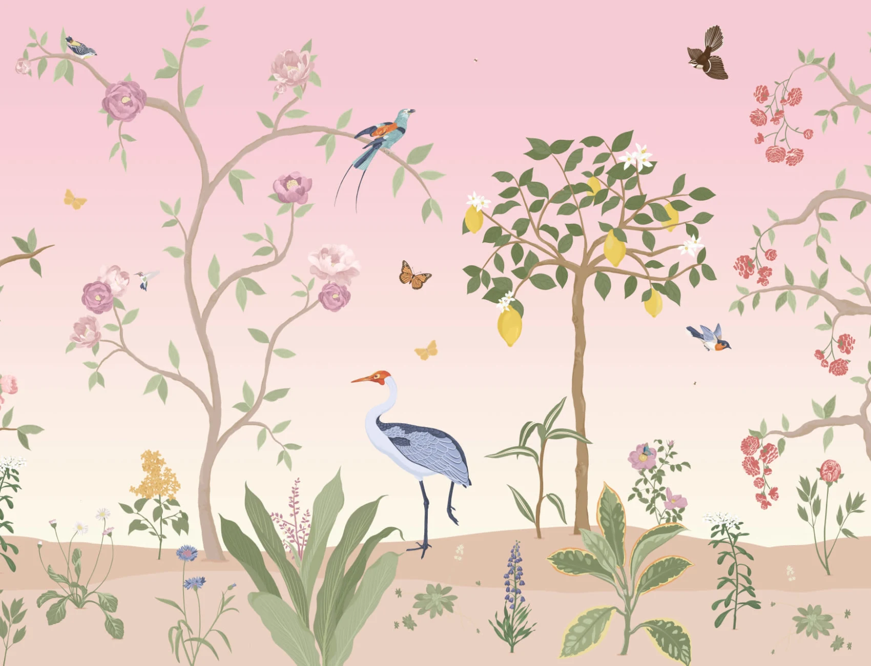 Pink Chinoiserie Floral Spring Garden Wall Mural