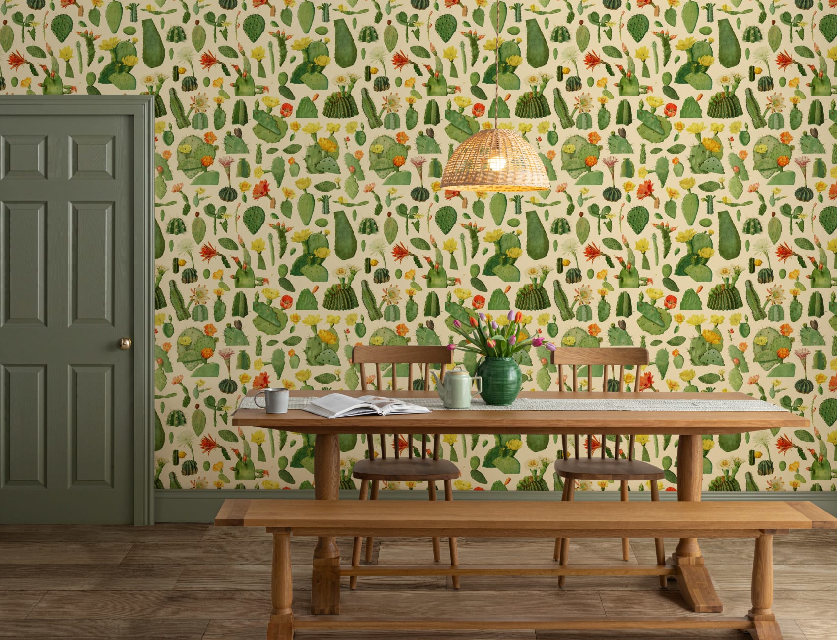 Green Cactus Succulent Pattern Wallpaper Mural