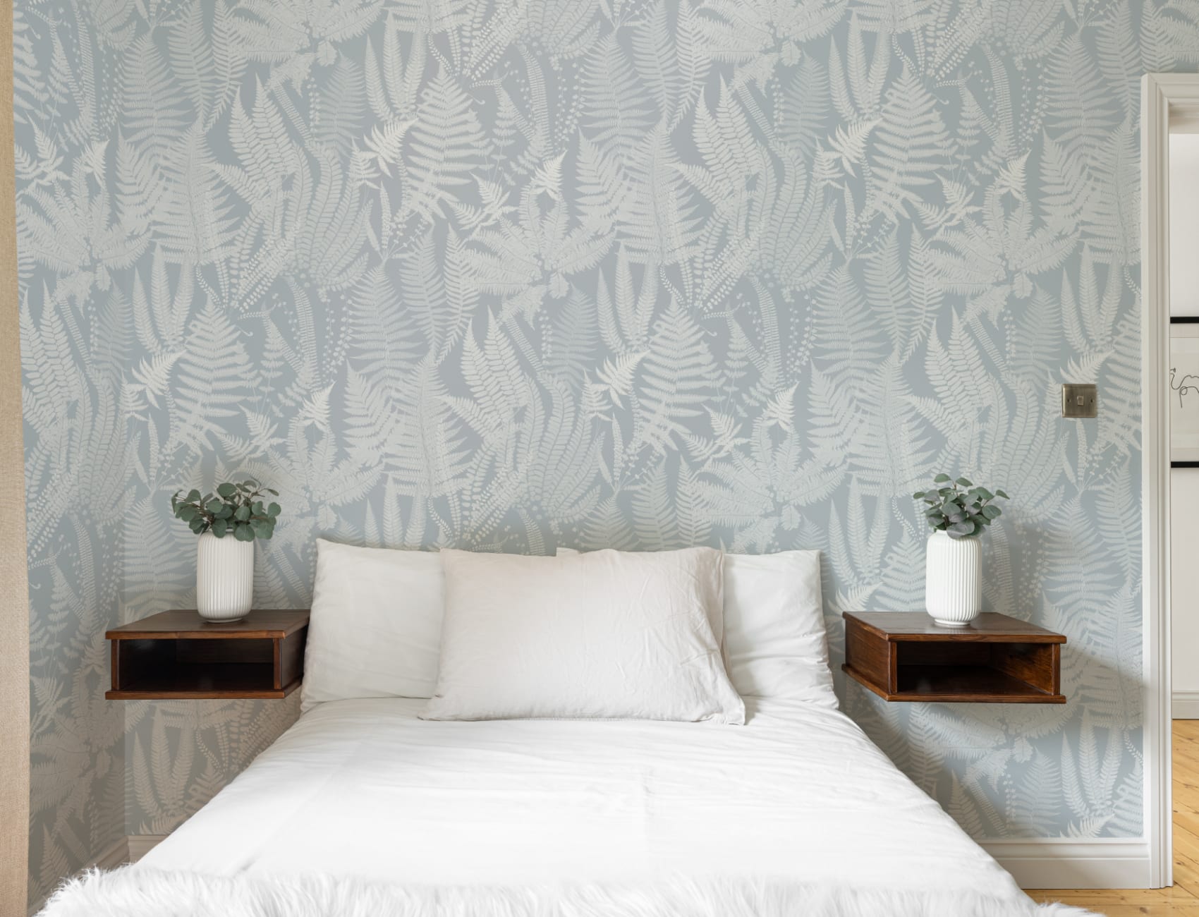Light Blue Vintage Fern Illustrations Repeat Pattern Wallpaper