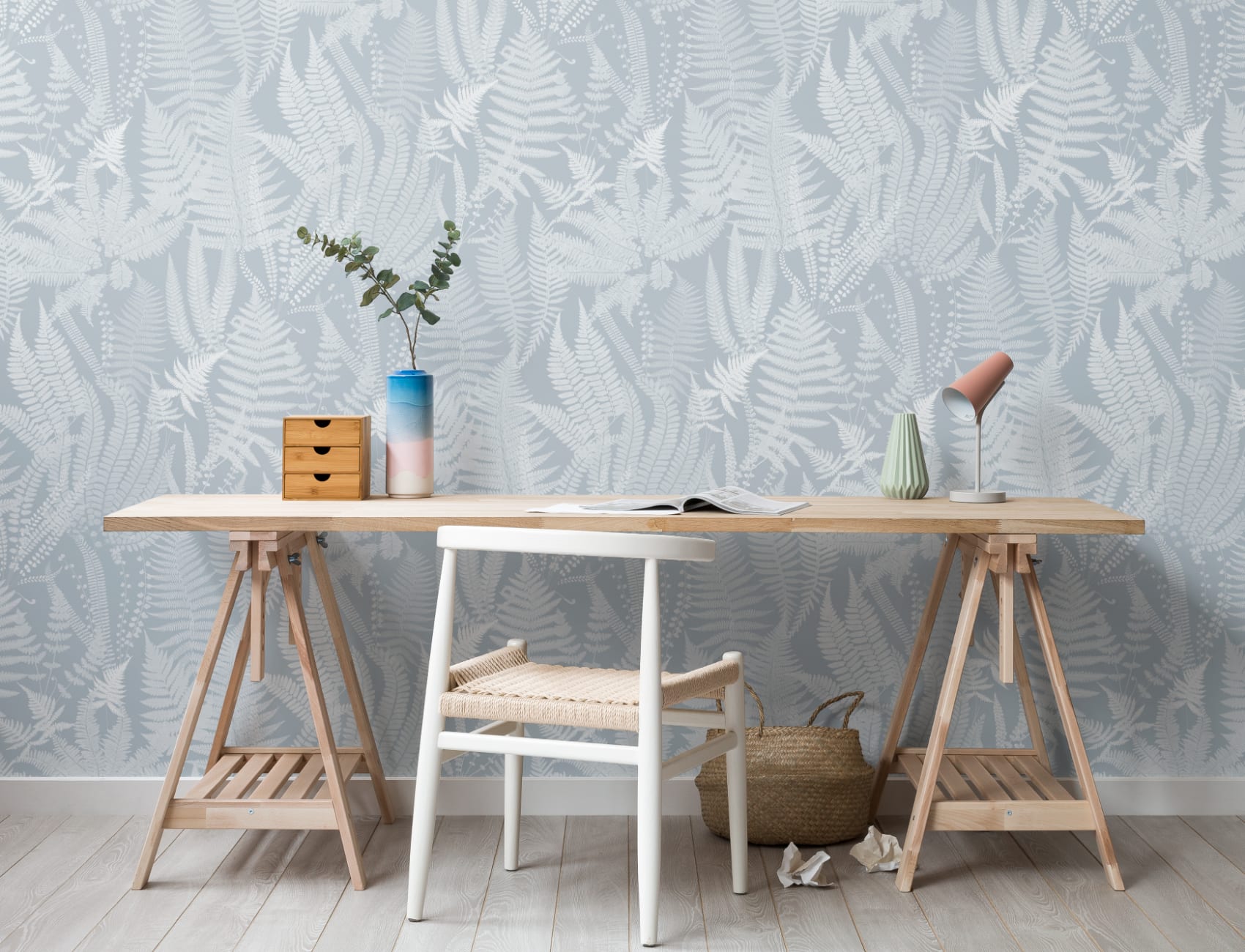 Light Blue Vintage Fern Illustrations Repeat Pattern Wallpaper