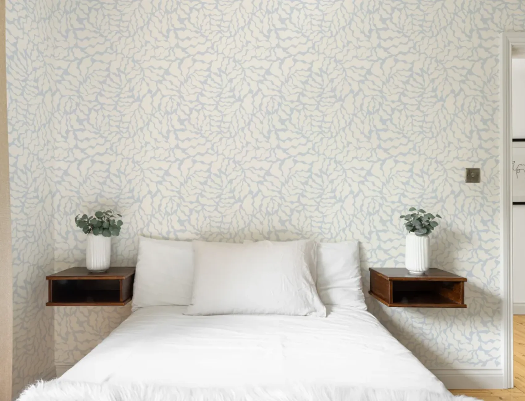 Sky Blue and Cream Abstract Botanical Repeat Pattern Wallpaper