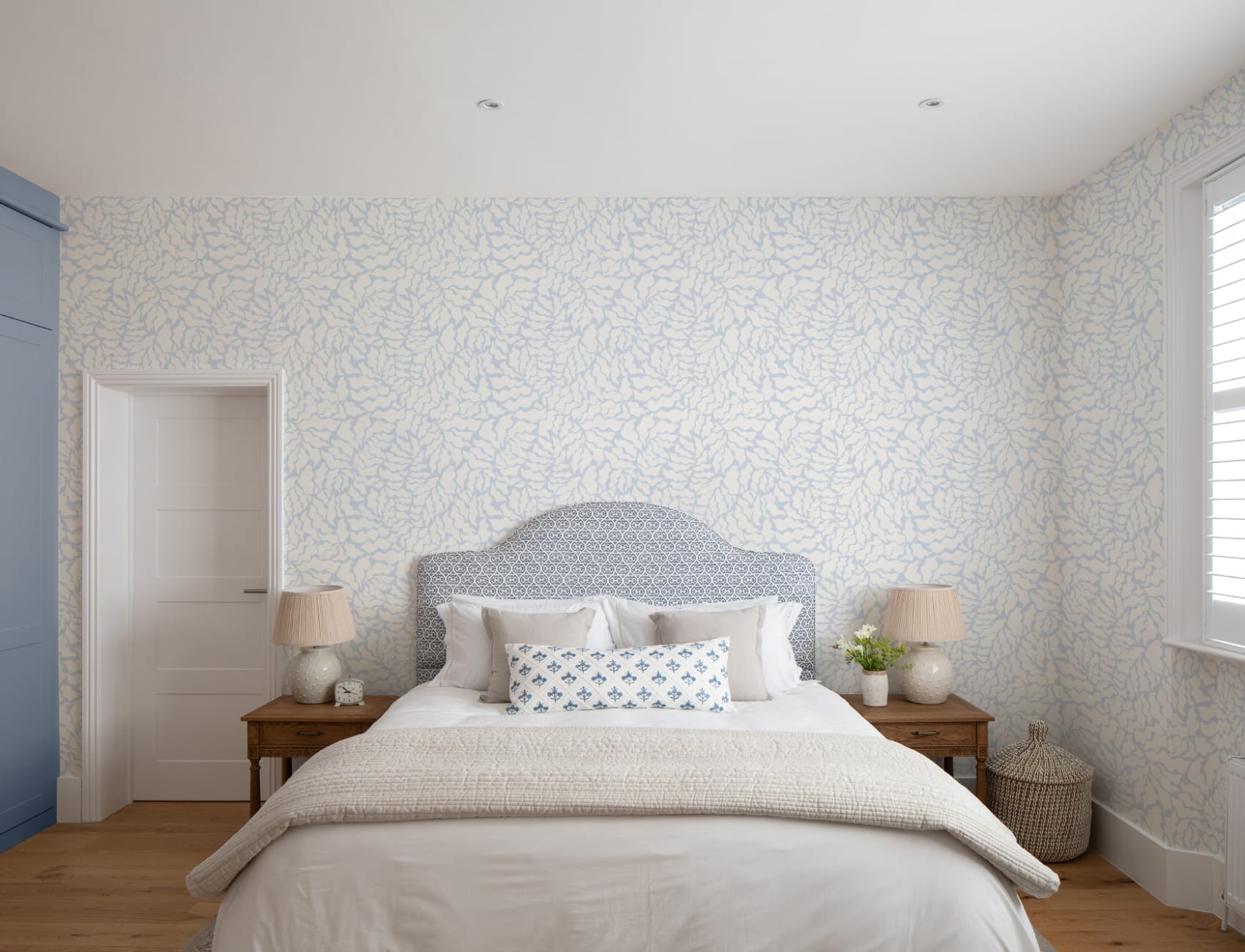 Sky Blue and Cream Abstract Botanical Repeat Pattern Wallpaper