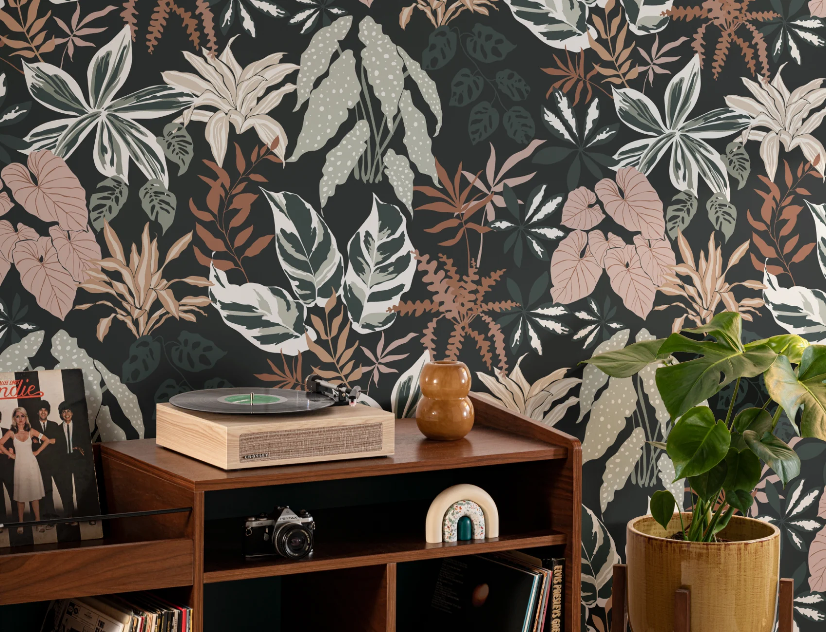 Dark Neutral and Green Modern Botanical Plants Repeat Pattern Wallpaper
