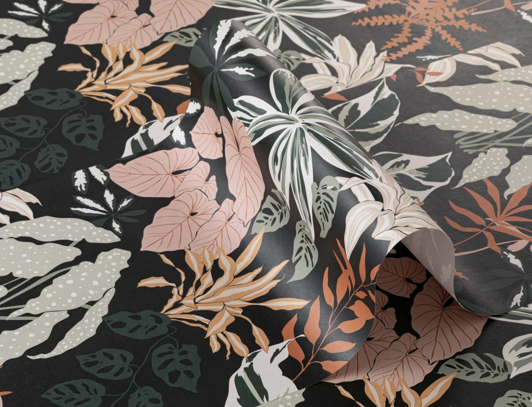 Dark Neutral and Green Modern Botanical Plants Repeat Pattern Wallpaper