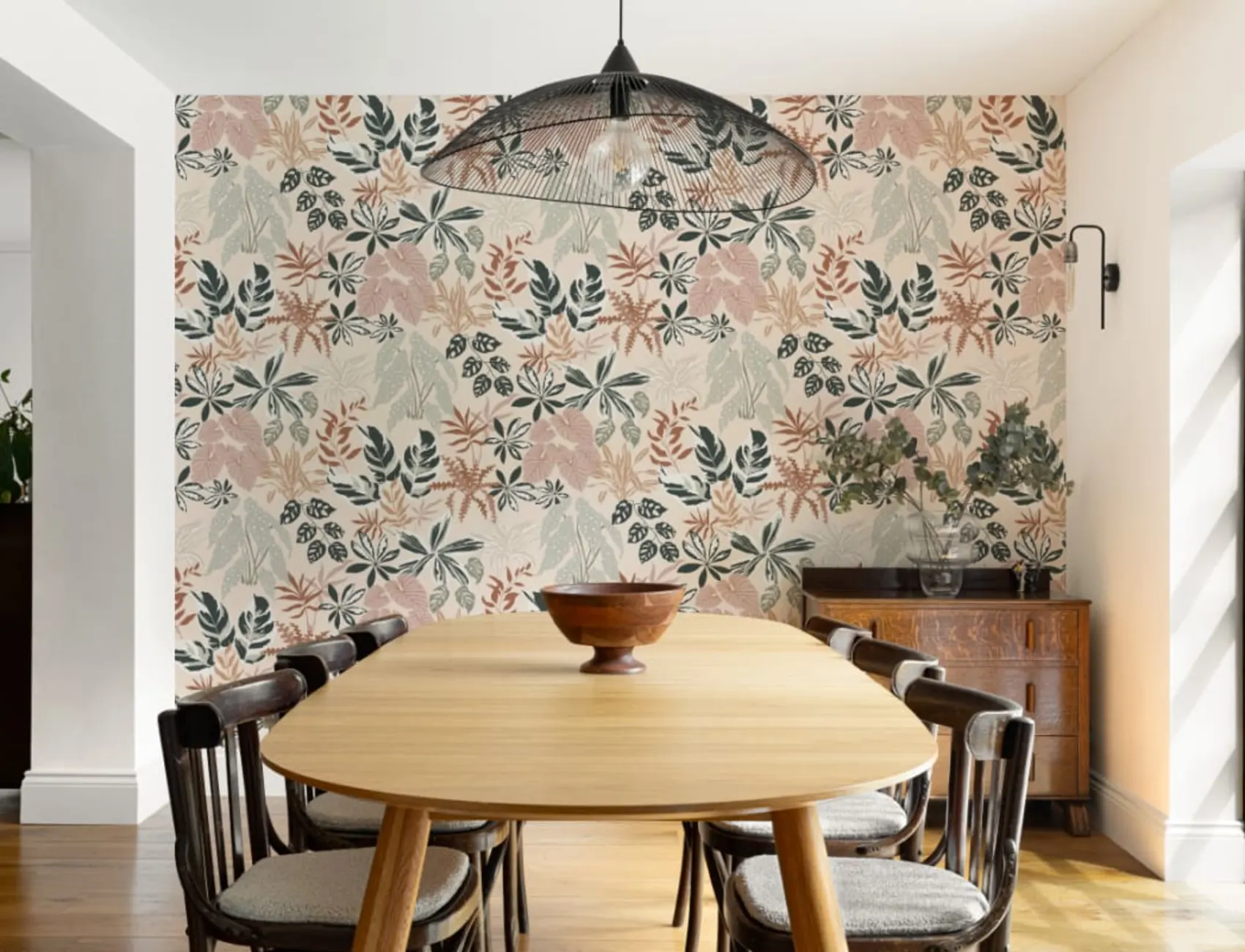 Neutral and Green Modern Botanical Plants Repeat Pattern Wallpaper