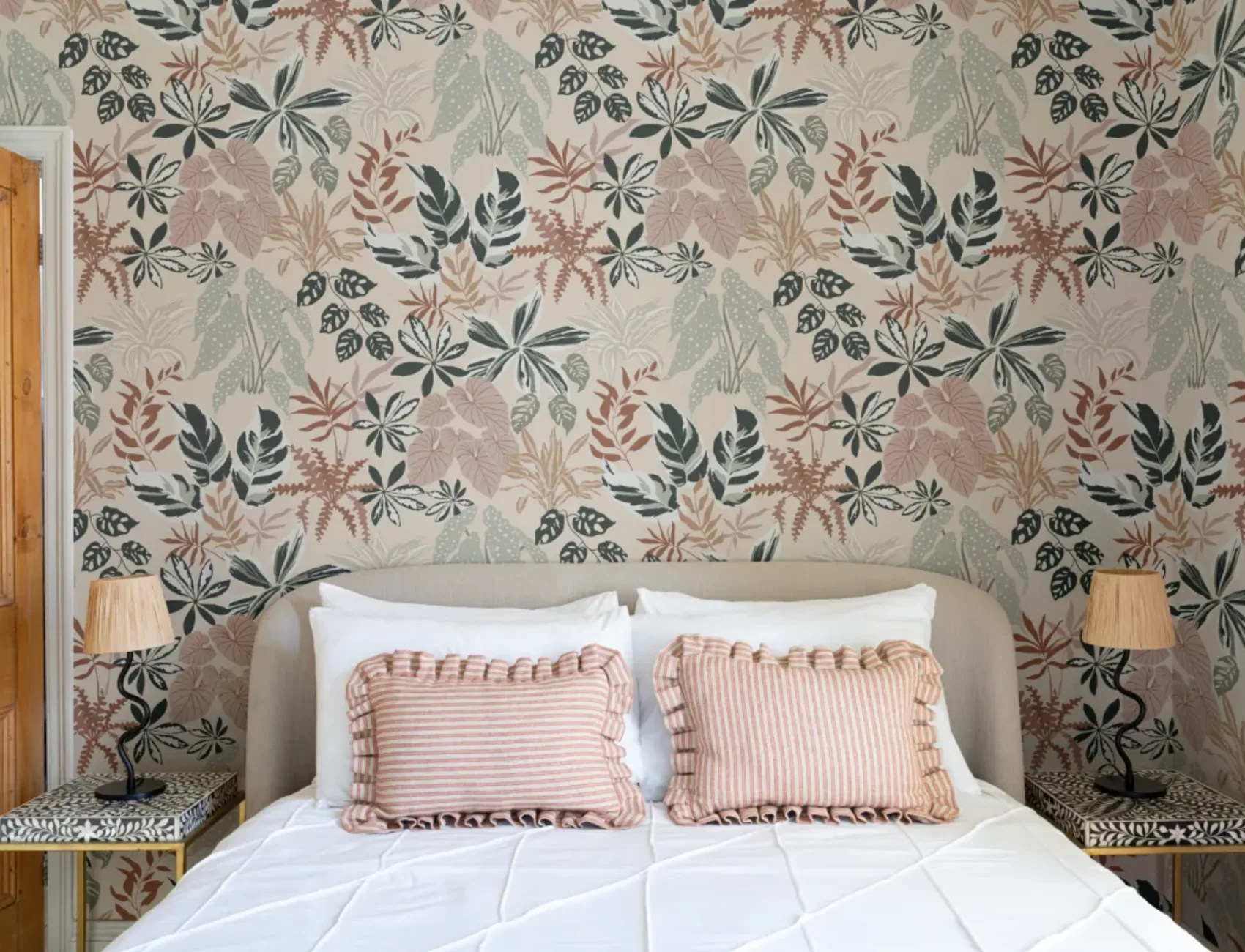 Neutral and Green Modern Botanical Plants Repeat Pattern Wallpaper