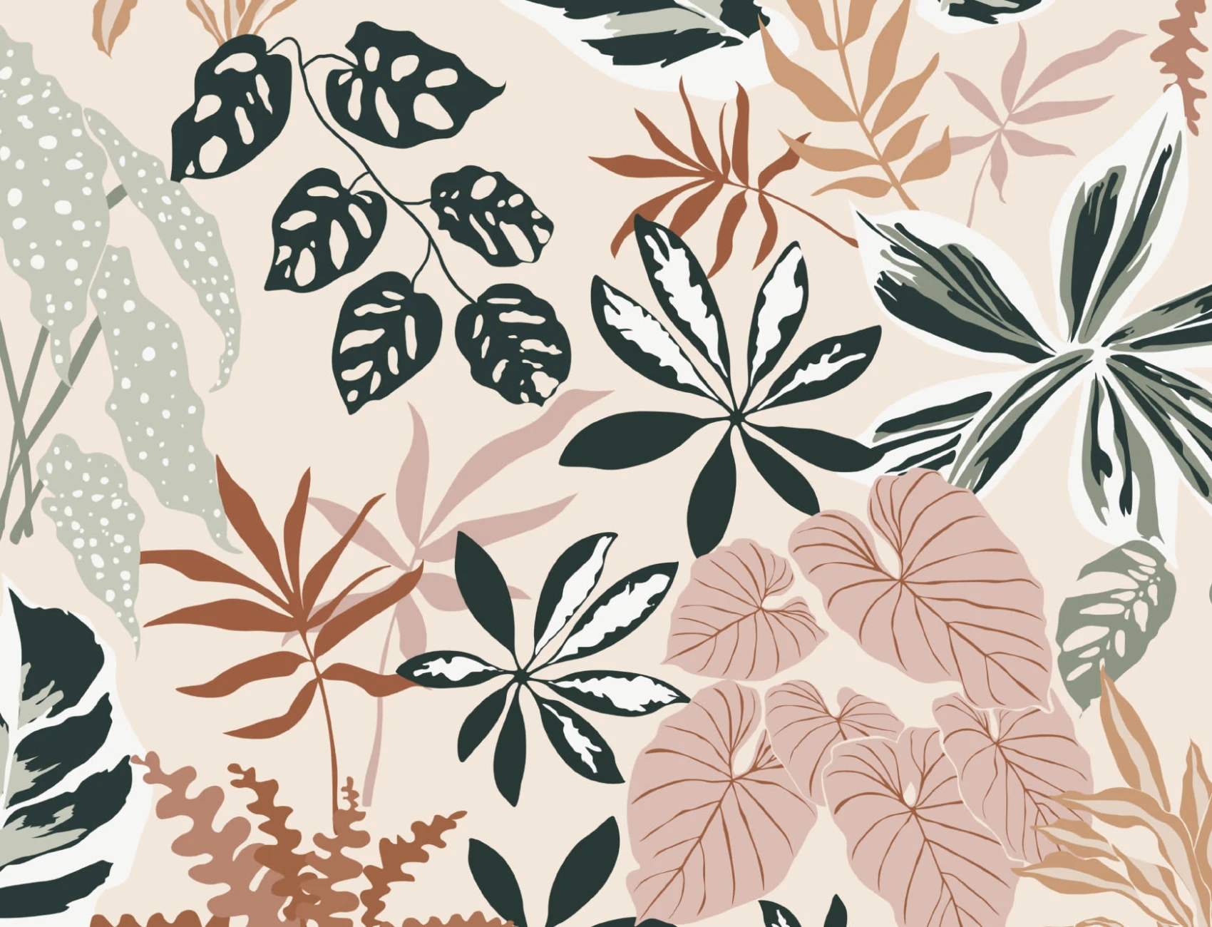 Neutral and Green Modern Botanical Plants Repeat Pattern Wallpaper