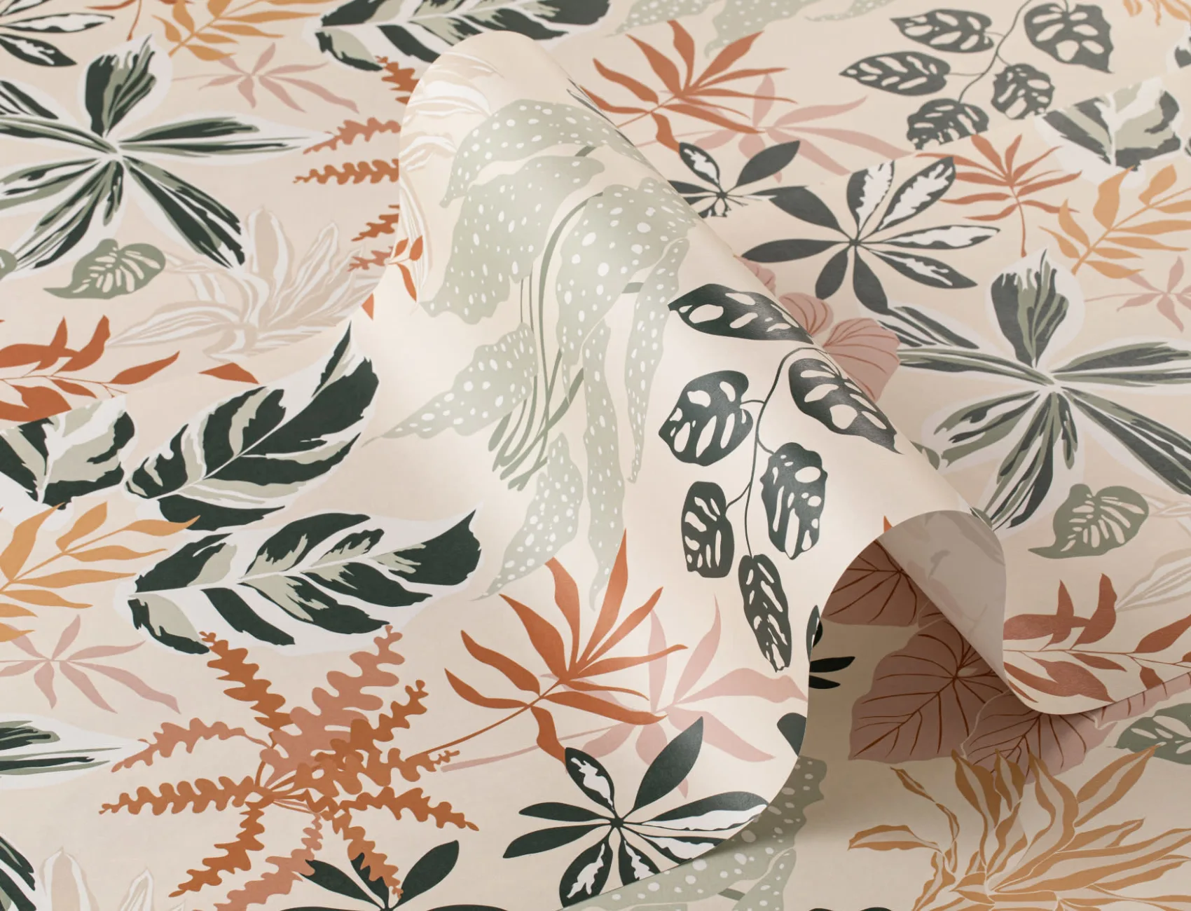 Neutral and Green Modern Botanical Plants Repeat Pattern Wallpaper