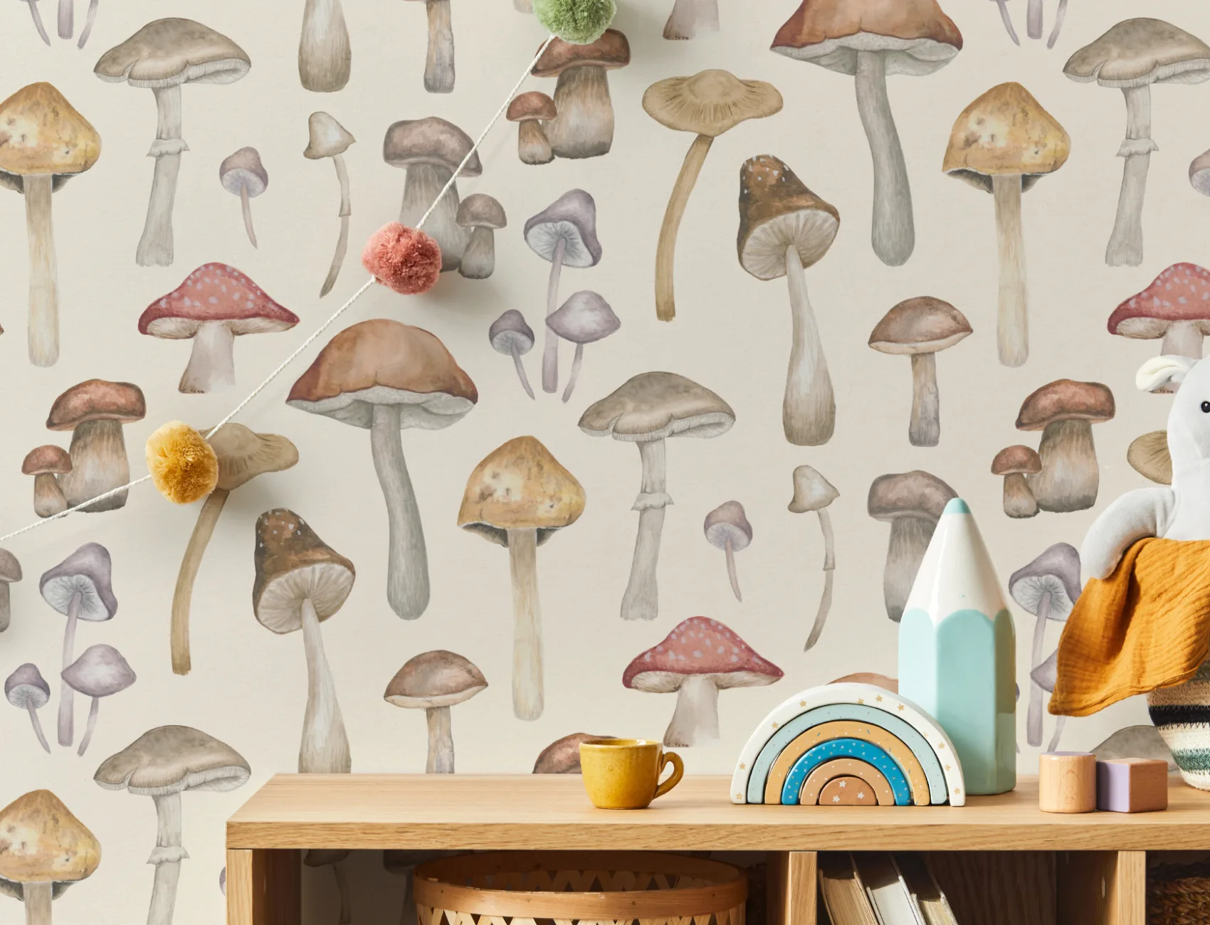 Painted Mushroom Repeat Pattern Wallpaper