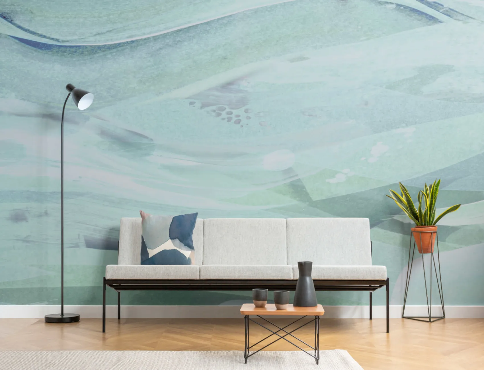 Blauw Groen Abstract Oceaan Schilderen Behang Muurschildering