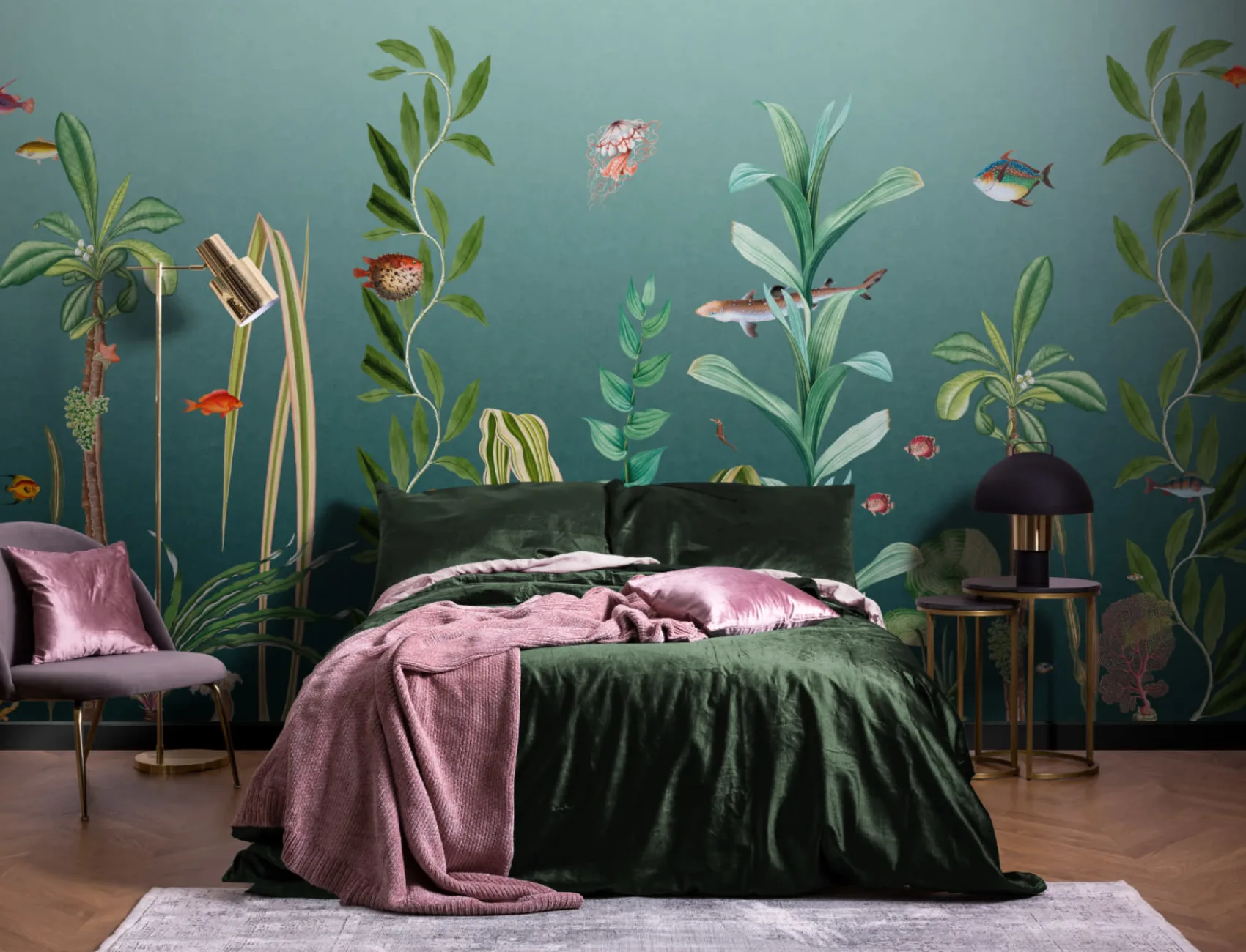 Mural subacuático de peces cerceta y algas marinas