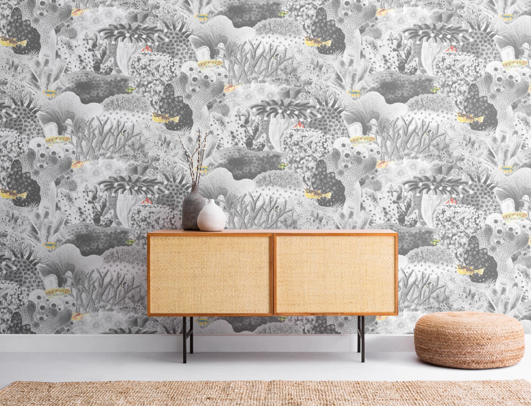 Gray Vintage Illustrations Marine Plants Mural