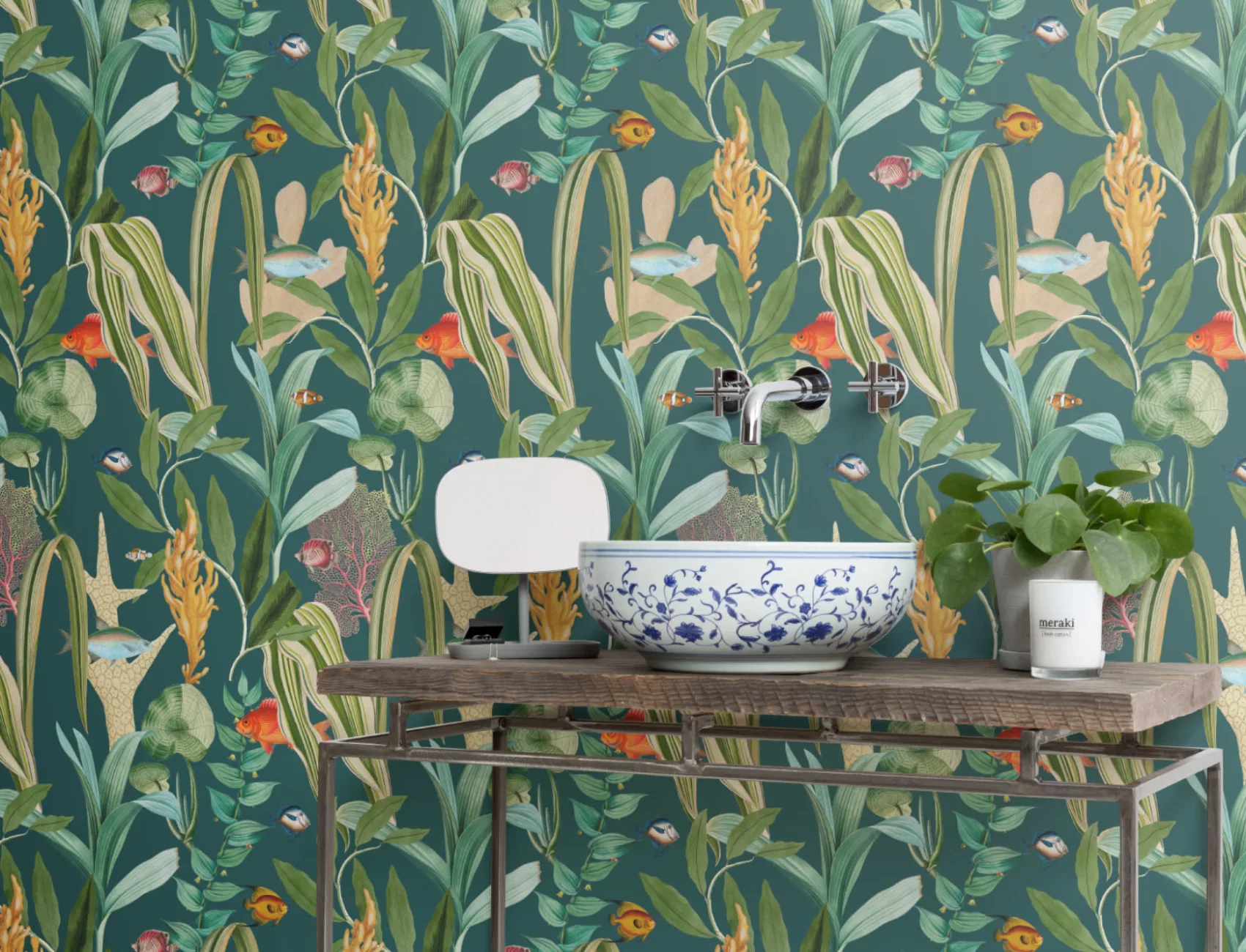 Papel pintado costero de Peces y plantas azul marino