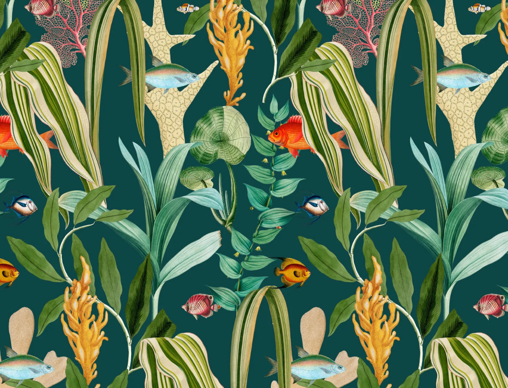 Papel pintado costero de Peces y plantas azul marino