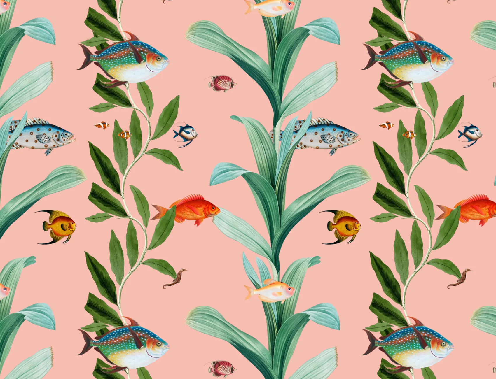 Papier peint côtier de poissons roses et d'algues