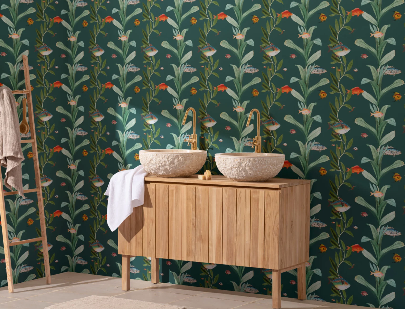 Teal Fish & Seaweed Coastal Wallpaper